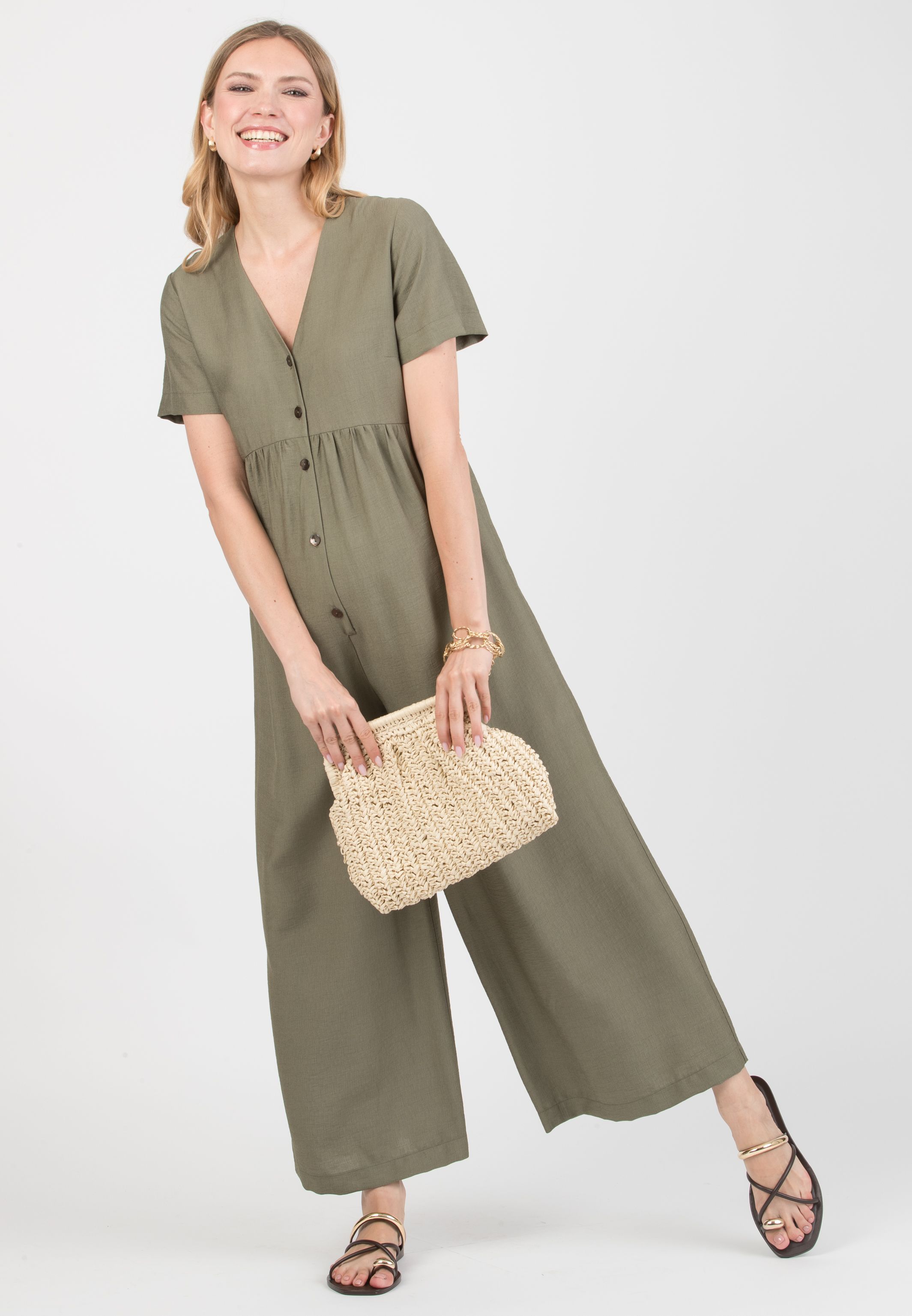 VIVIENNE - Maternity & Nursing Viscose Jumpsuit with Front Buttons (Verde Militare)