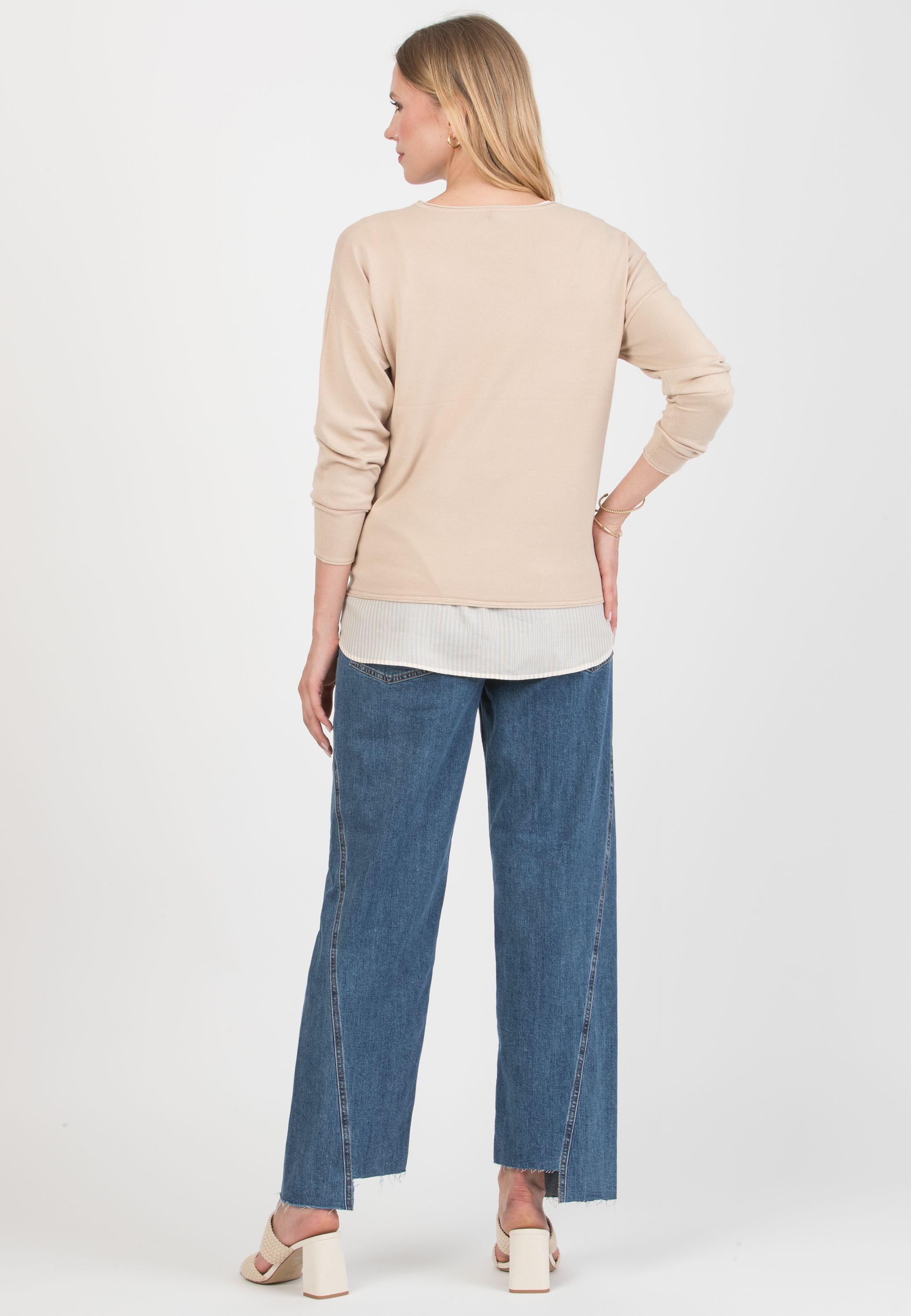 GIOIA R – Maternity & Nursing Sweater with Matching Striped Top (Beige)