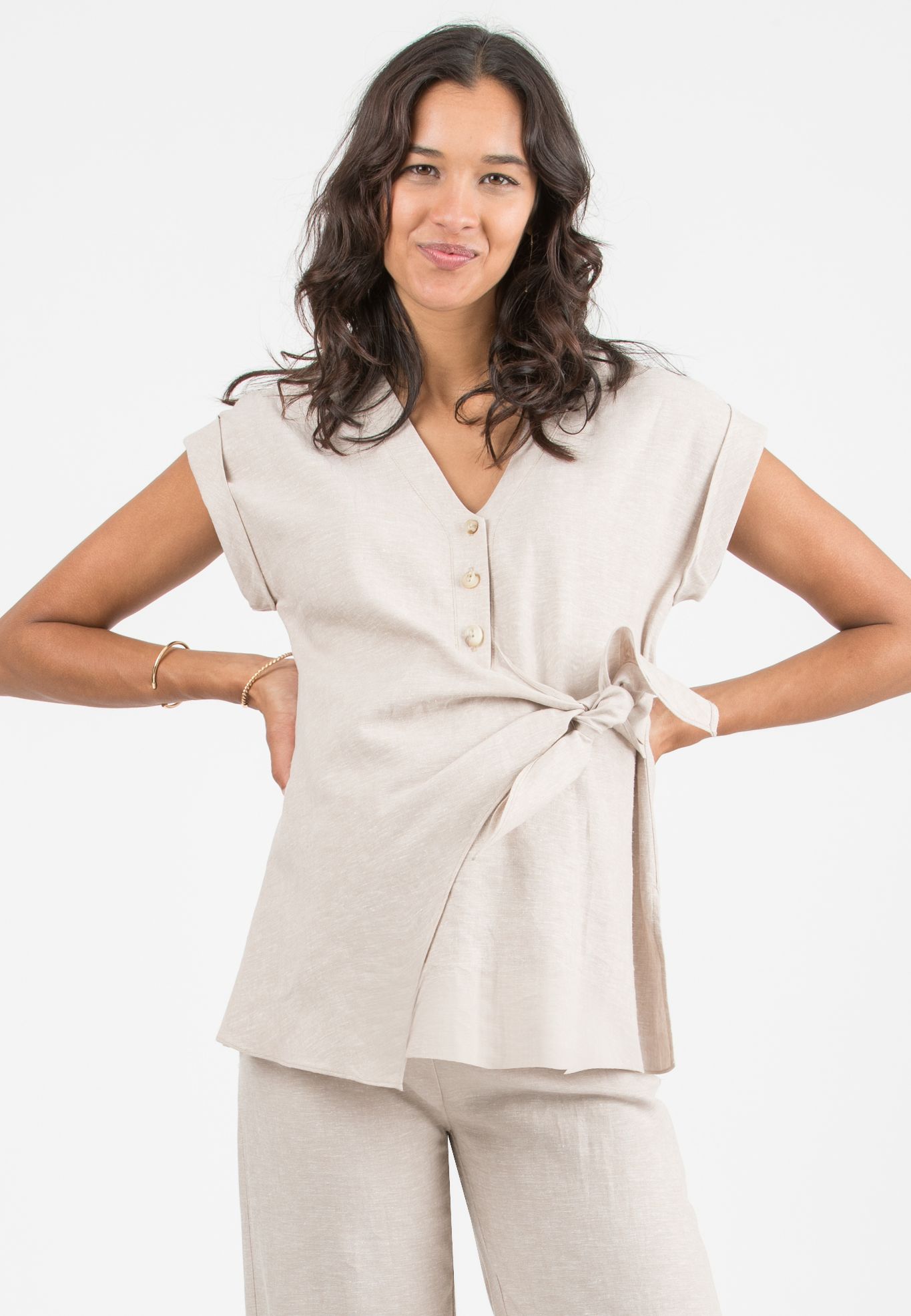 ELENA - Casacca Premaman & Allattamento in Lino (Ecru', XS)