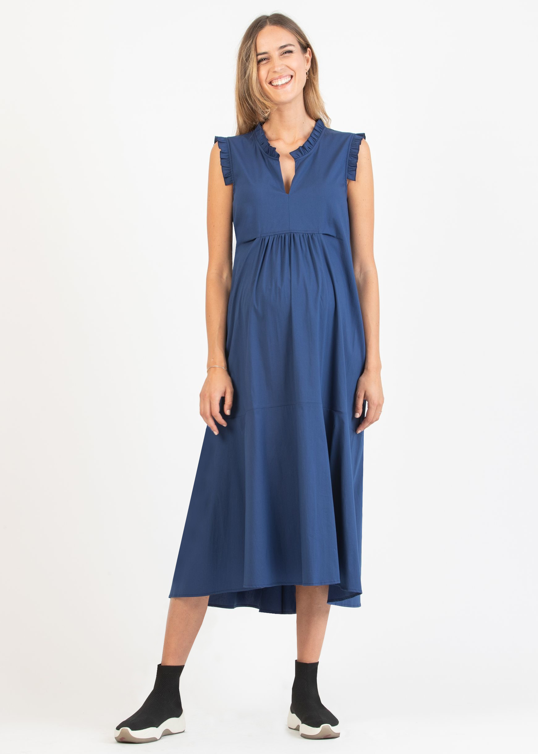 Midi Maternity Dress in Cotton Poplin with Frill Trims (Blue, XS)