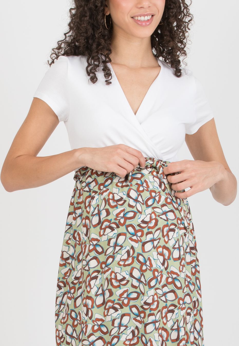 FEDERICA - Maternity Midi Dress with Crossed Neckline and Viscose Wrapped Skirt (Verde Pistacchio)