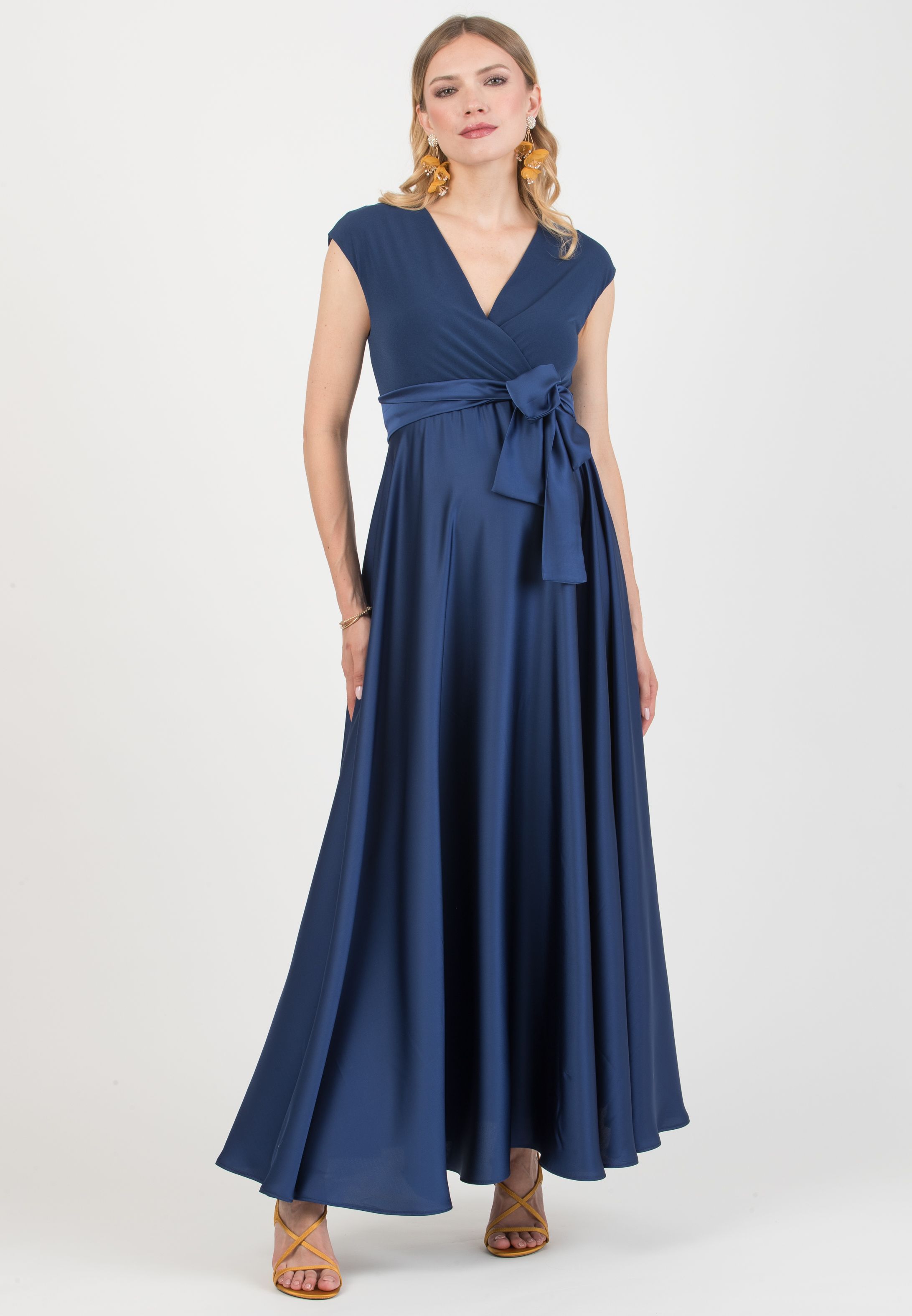 LUCREZIA - Maternity & Nursing Maxi Dress with Satin Skirt (Denim)
