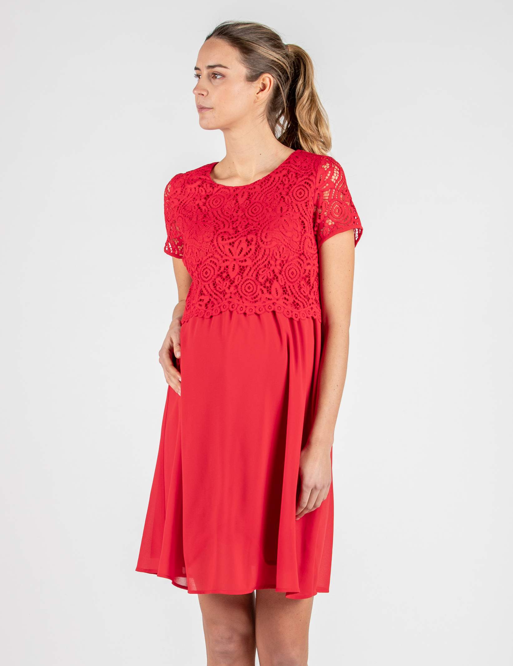 AURORA - Embroidered Maternity & Nursing Dress in Lace (Red, XS)