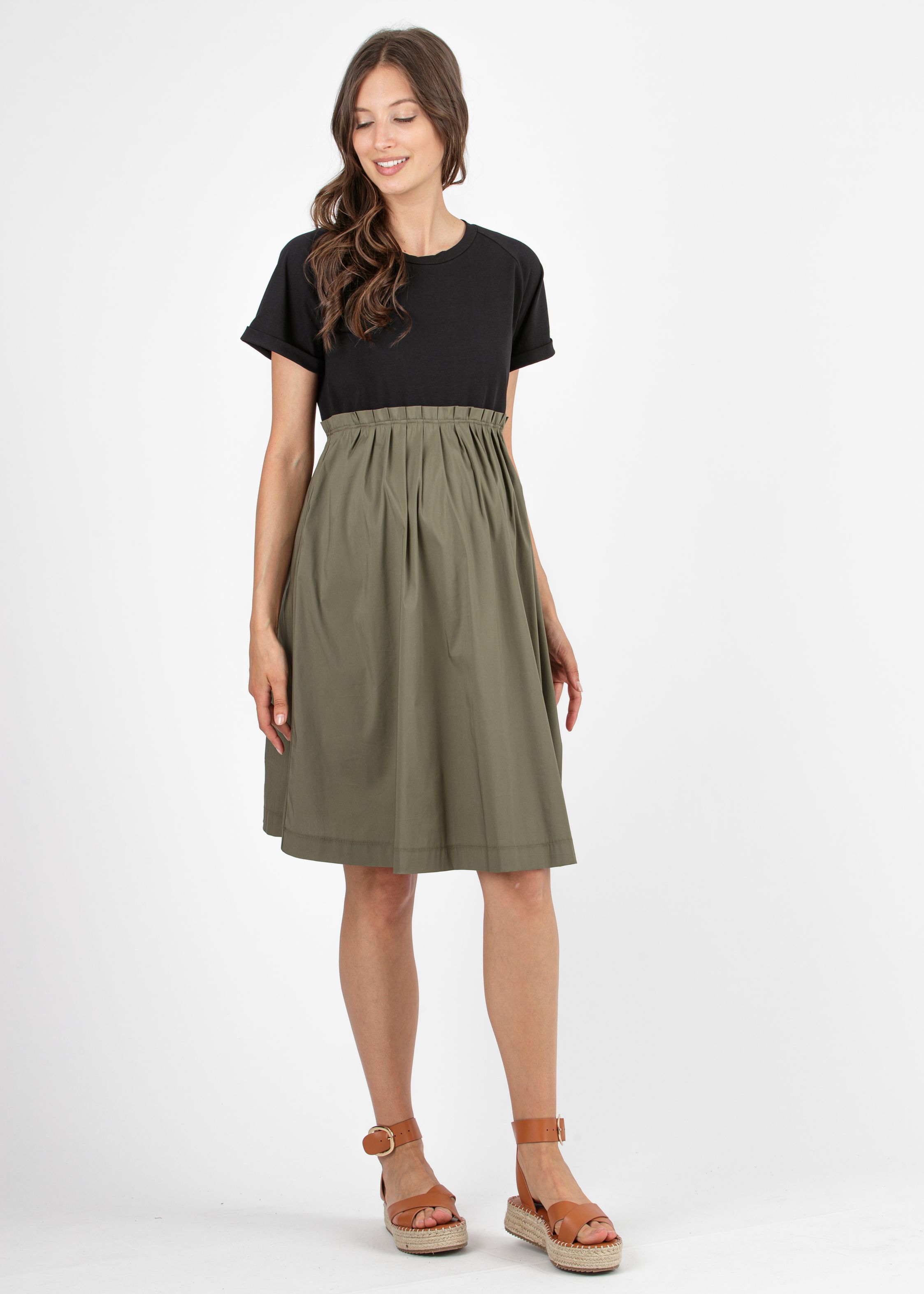 Cotton Maternity Dress with Pleats Around the Waist (Army Green, XS)