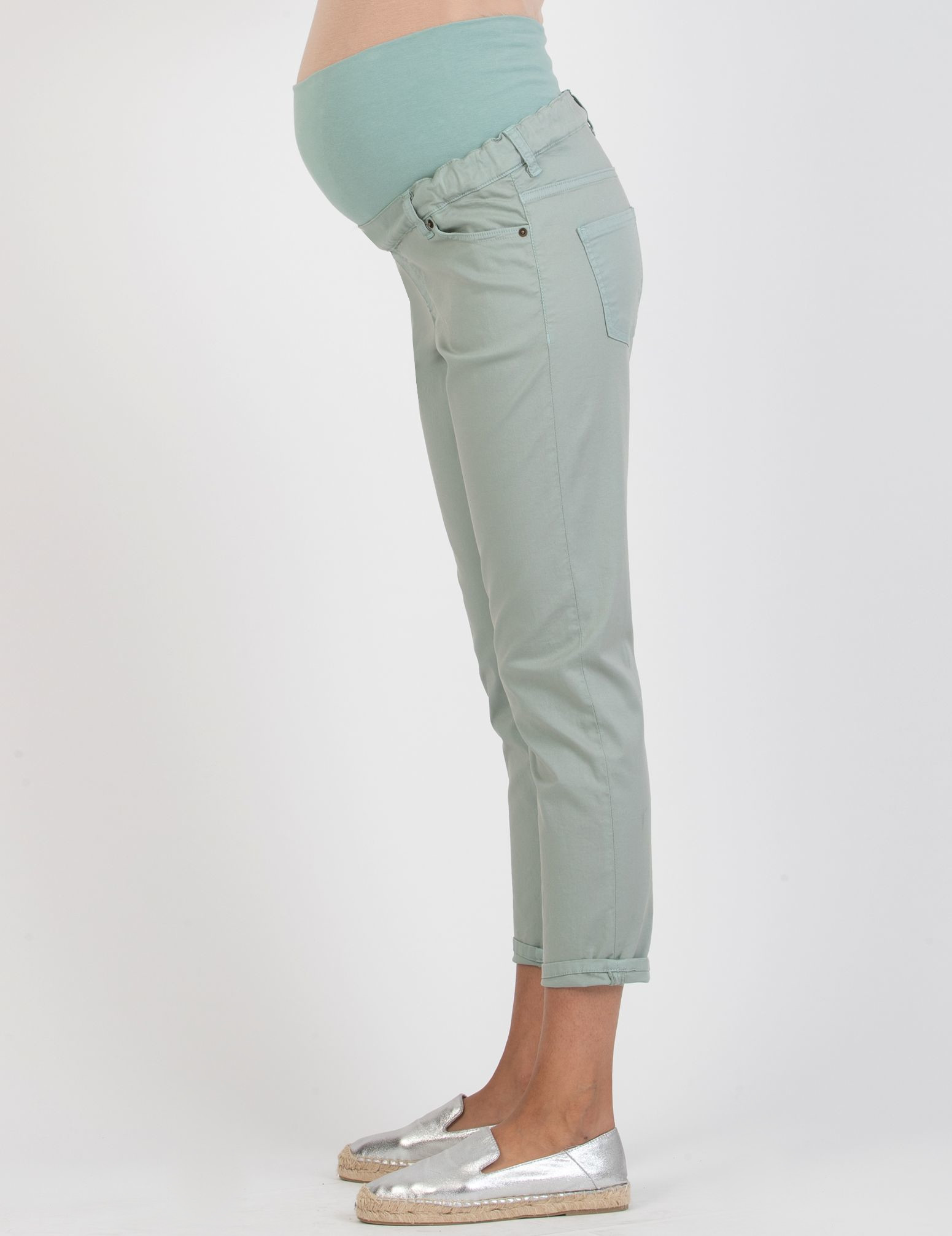 Pantalone Premaman Slim Cropped Mom Fit in Gabardina (Verde Salvia, XS)