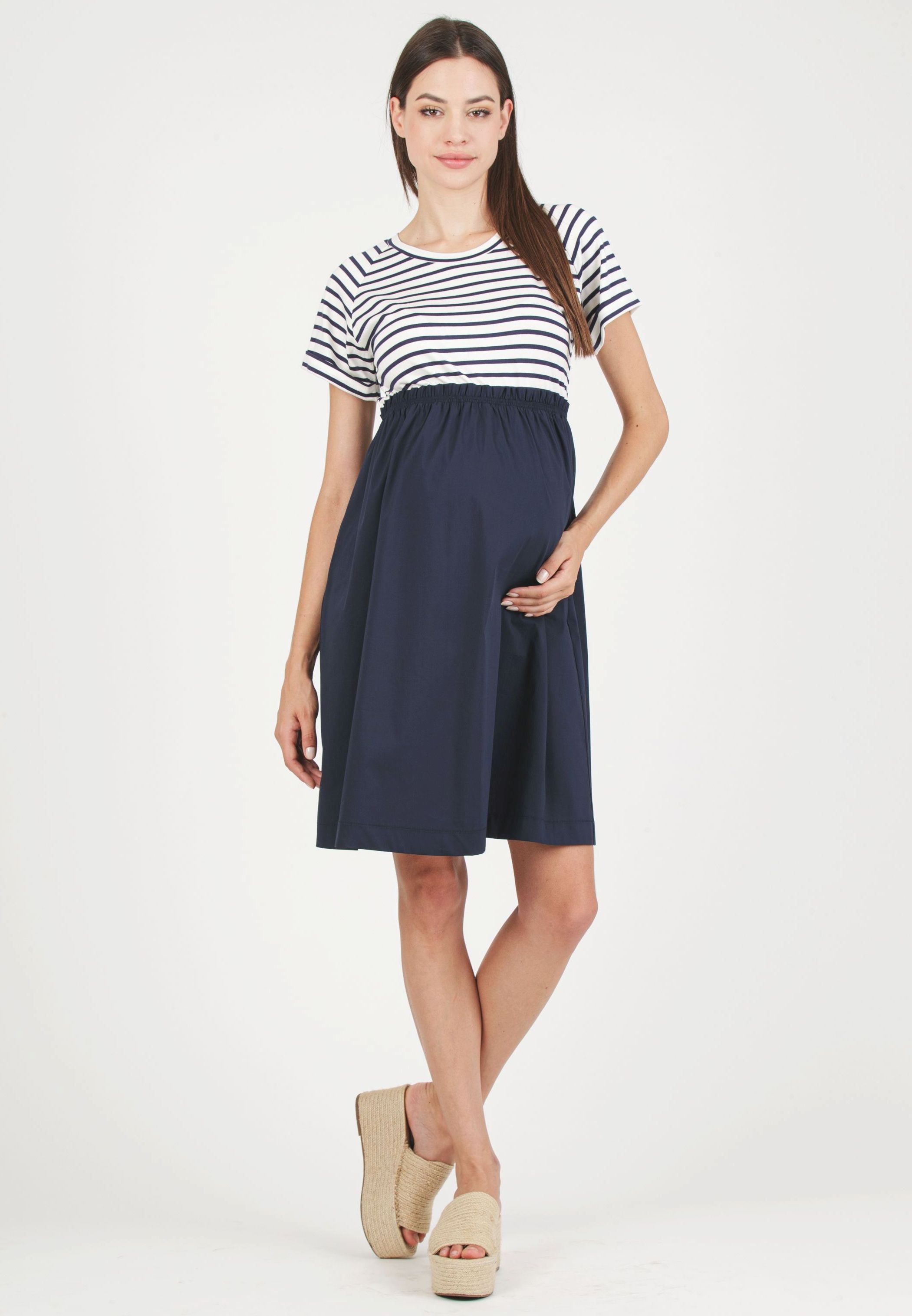 CRISTINA R - Abito Premaman con Corpino in Jersey a Righe e Gonna in Cotone (Blu, XS)