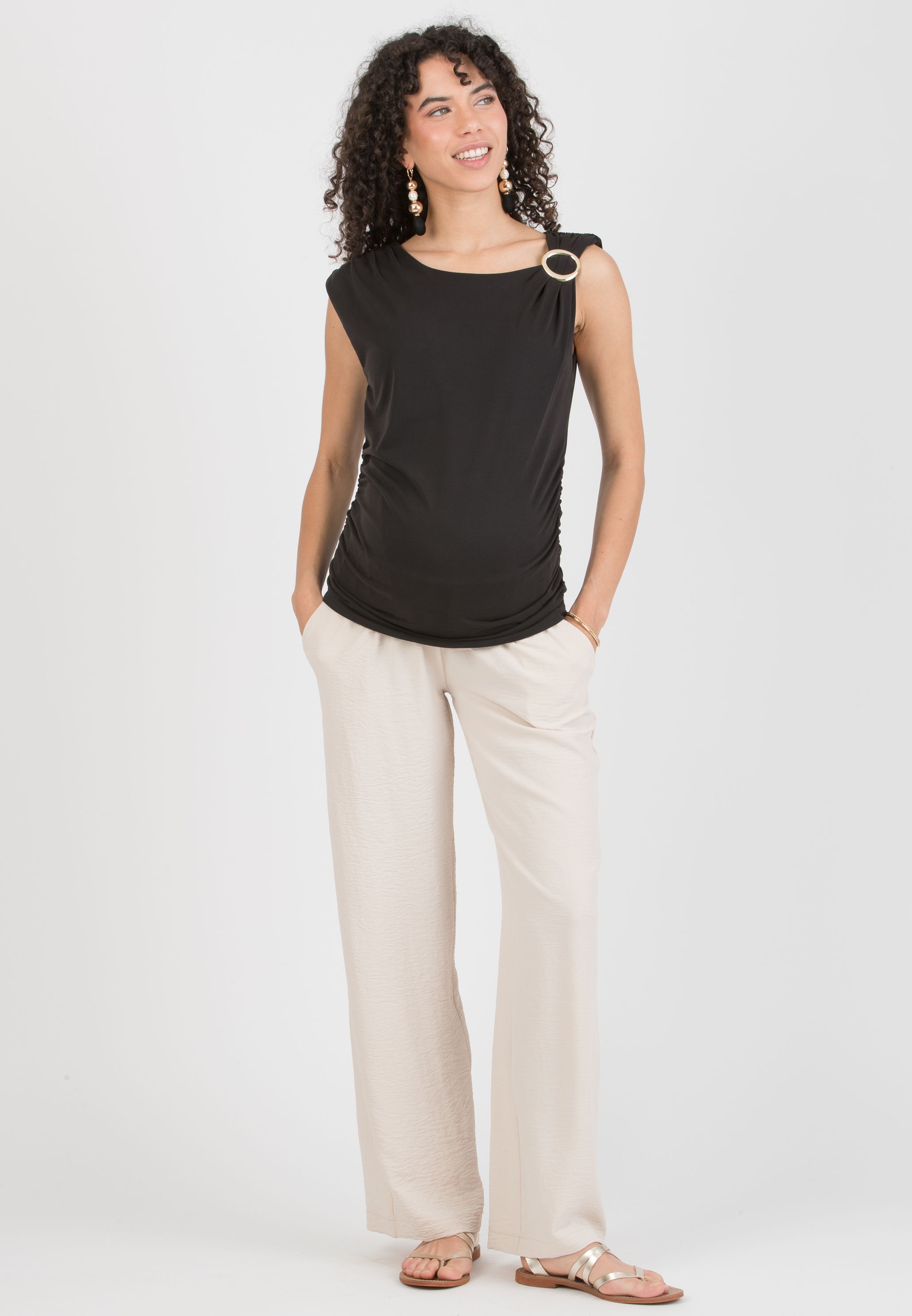 INES - Pantalone Premaman Fluido con Vita Bassa (Sabbia, XS)