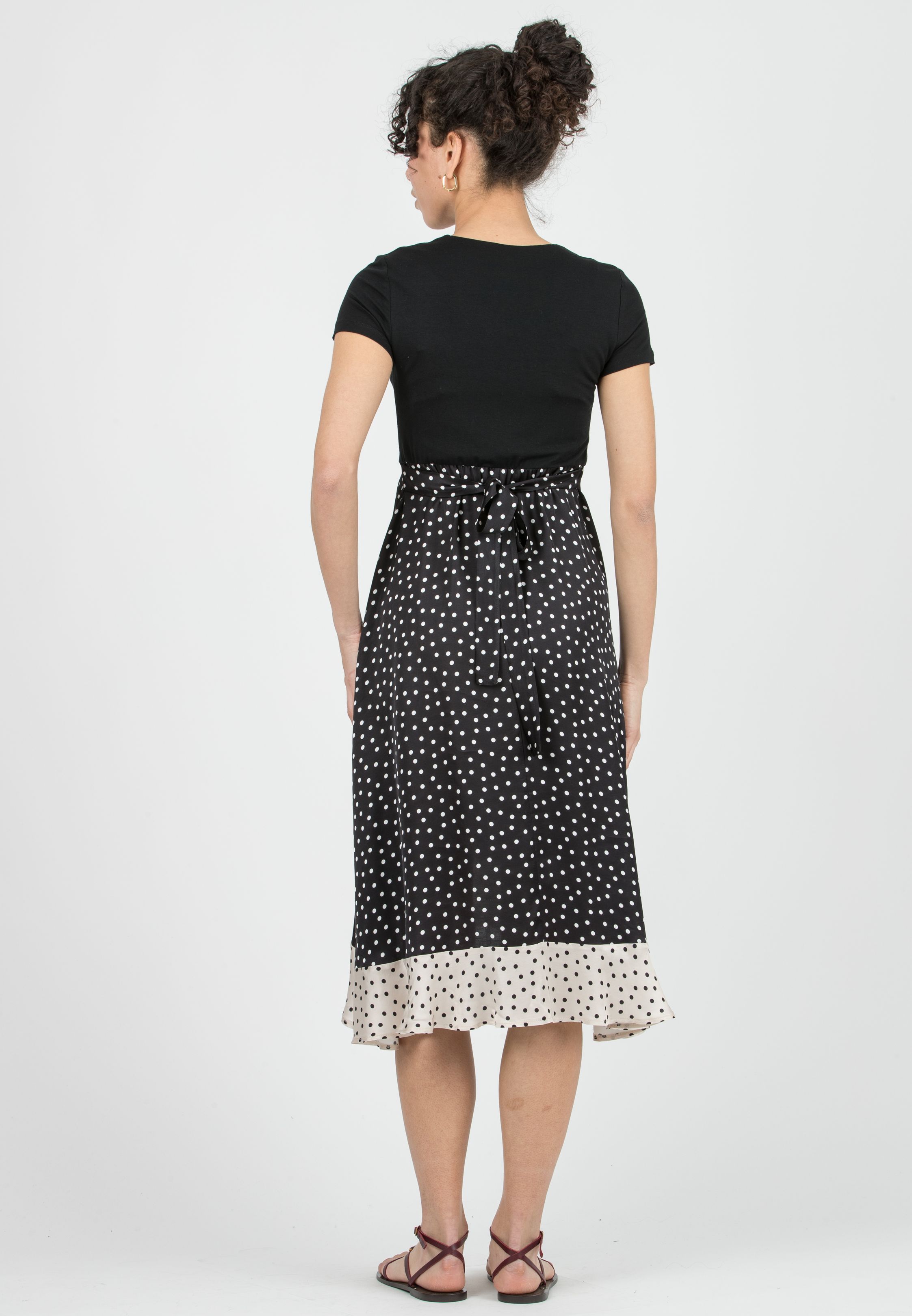 MARTA P - Maternity & Nursing Midi Dress with Polka Dot Skirt and Contrast Hem (Nero)