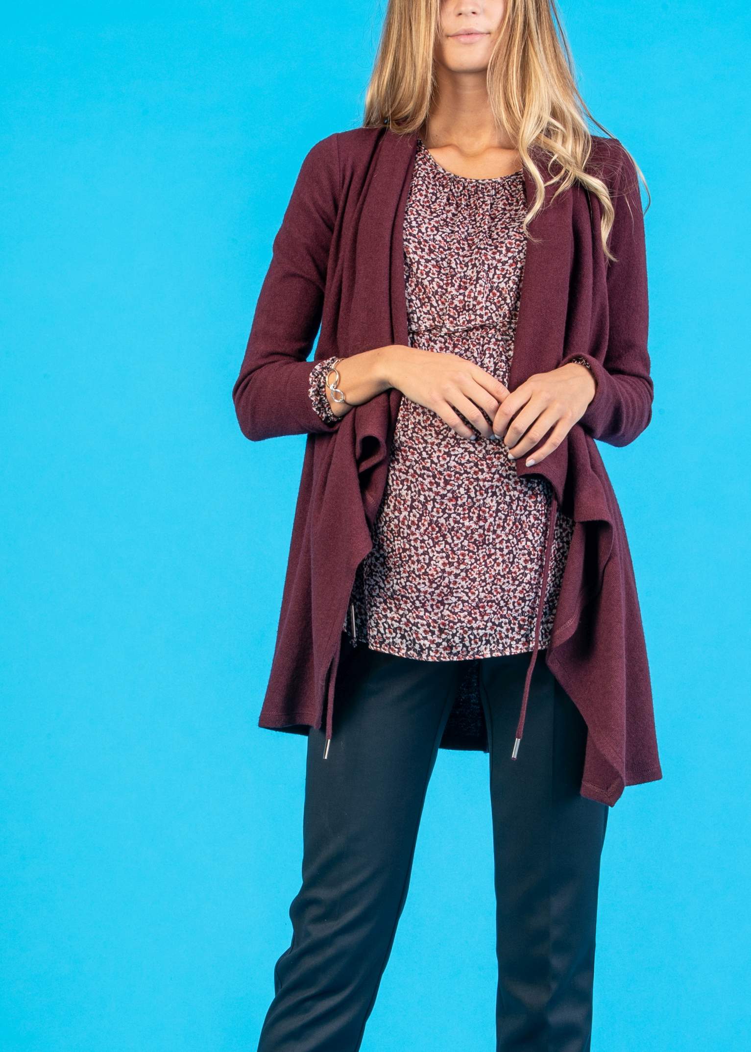 Cowl Neckline Maternity Maxi-Cardigan in Cashmere Blend (Bordeaux, XS)