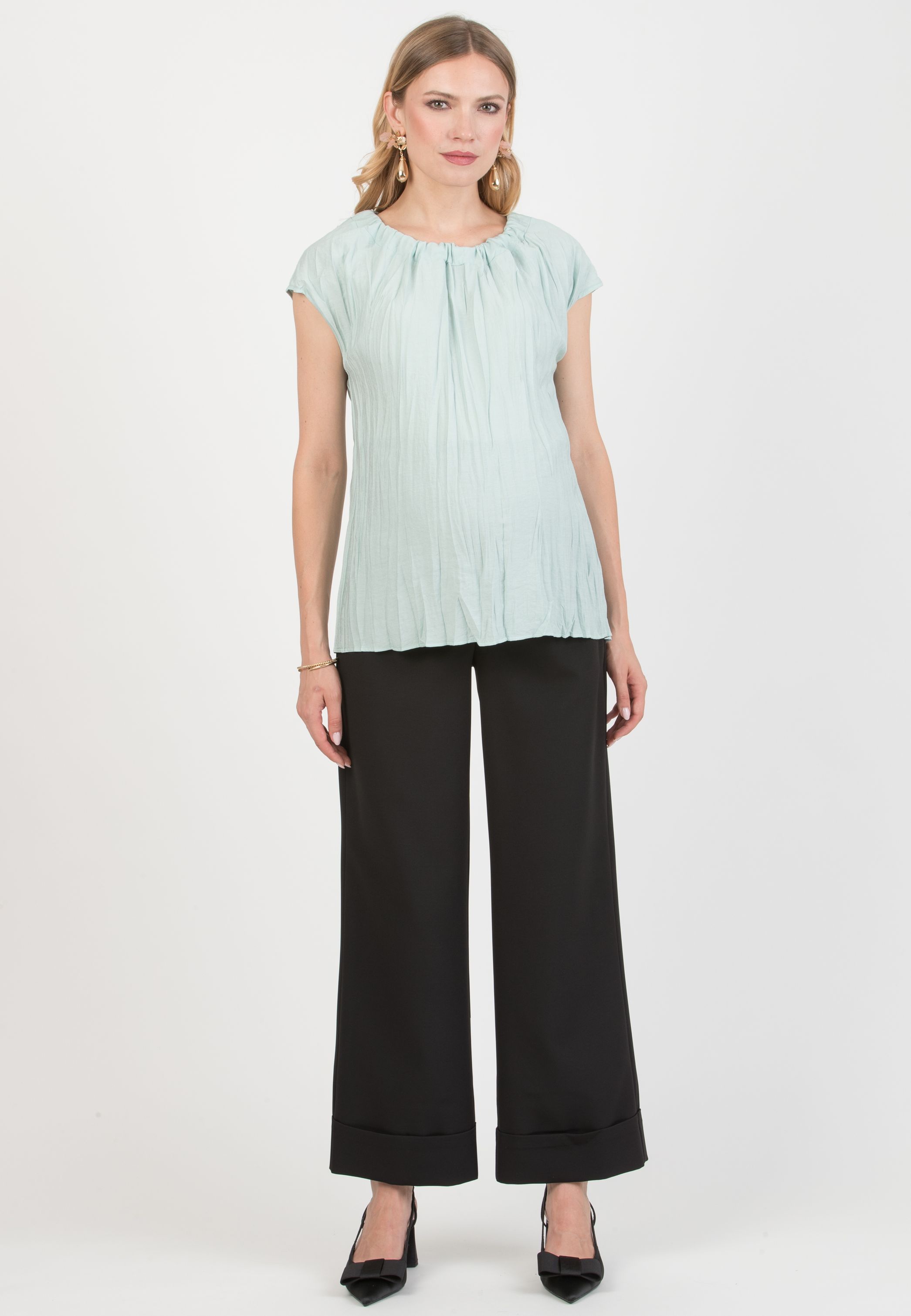 ROBY – Maternity Palazzo Trousers in Cady with Turn-Up Hem (Nero)
