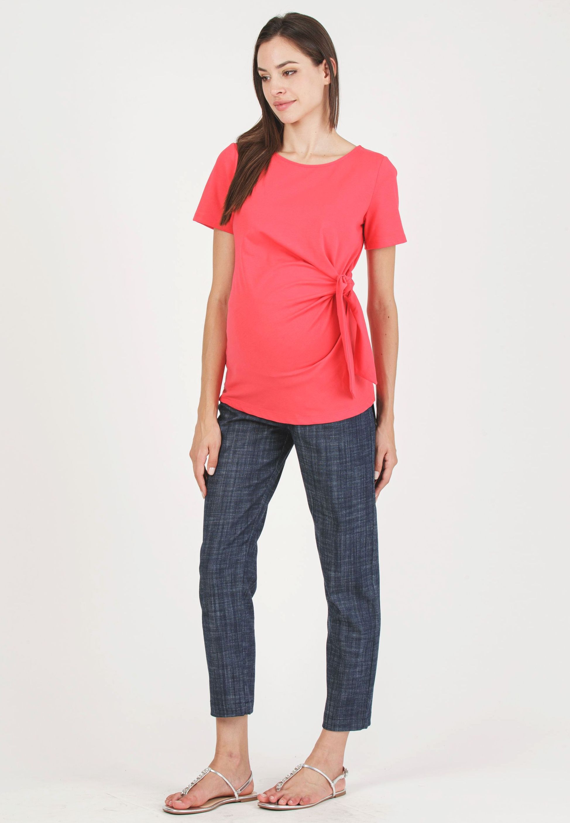 KAREN M - T-Shirt Premaman in Jersey di Cotone con Nodo Laterale (Corallo, XS)