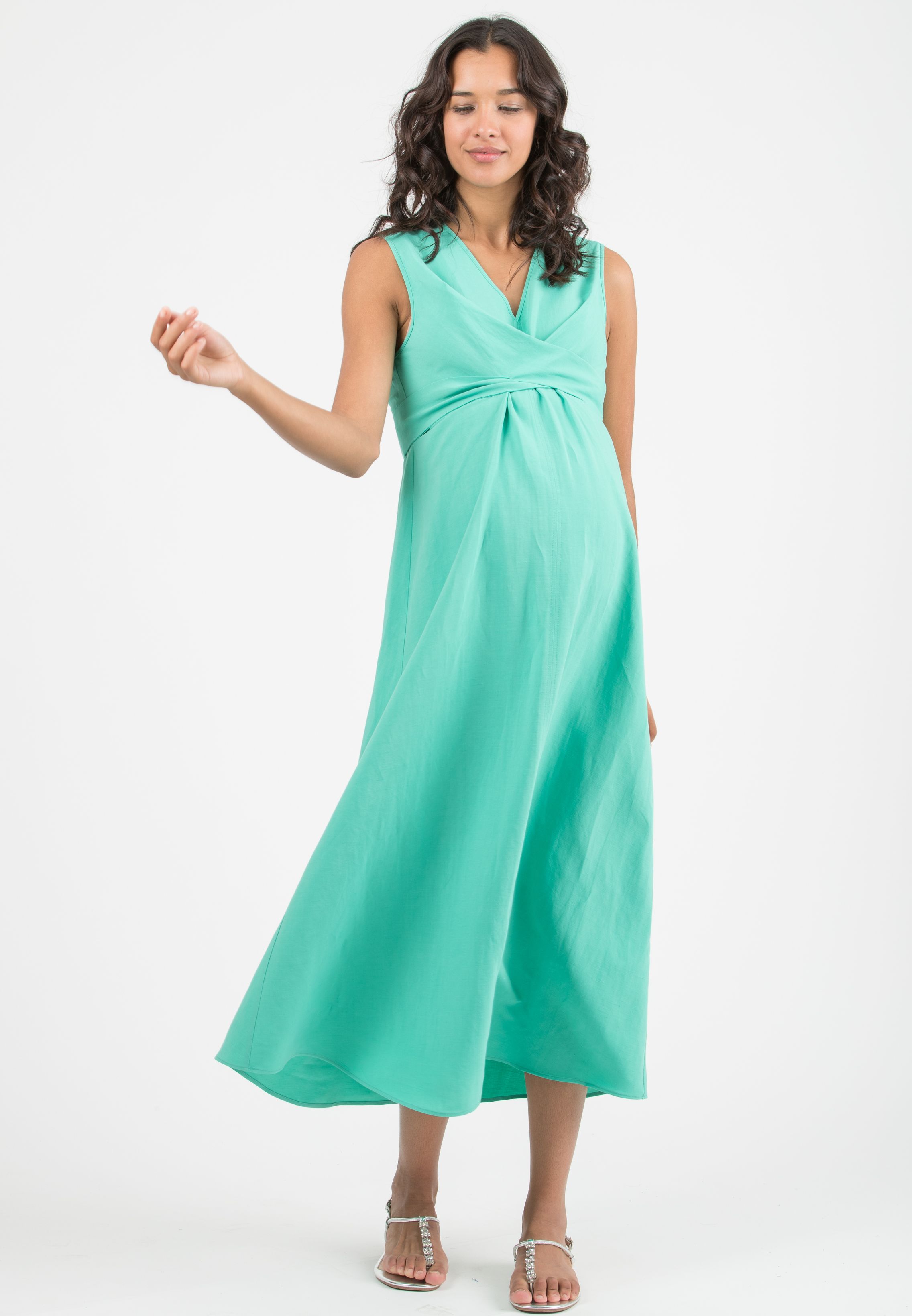 ANNALISA - Abito Premaman & Allattamento in Lino con Fusciacche incrociate (Verde Chiaro)