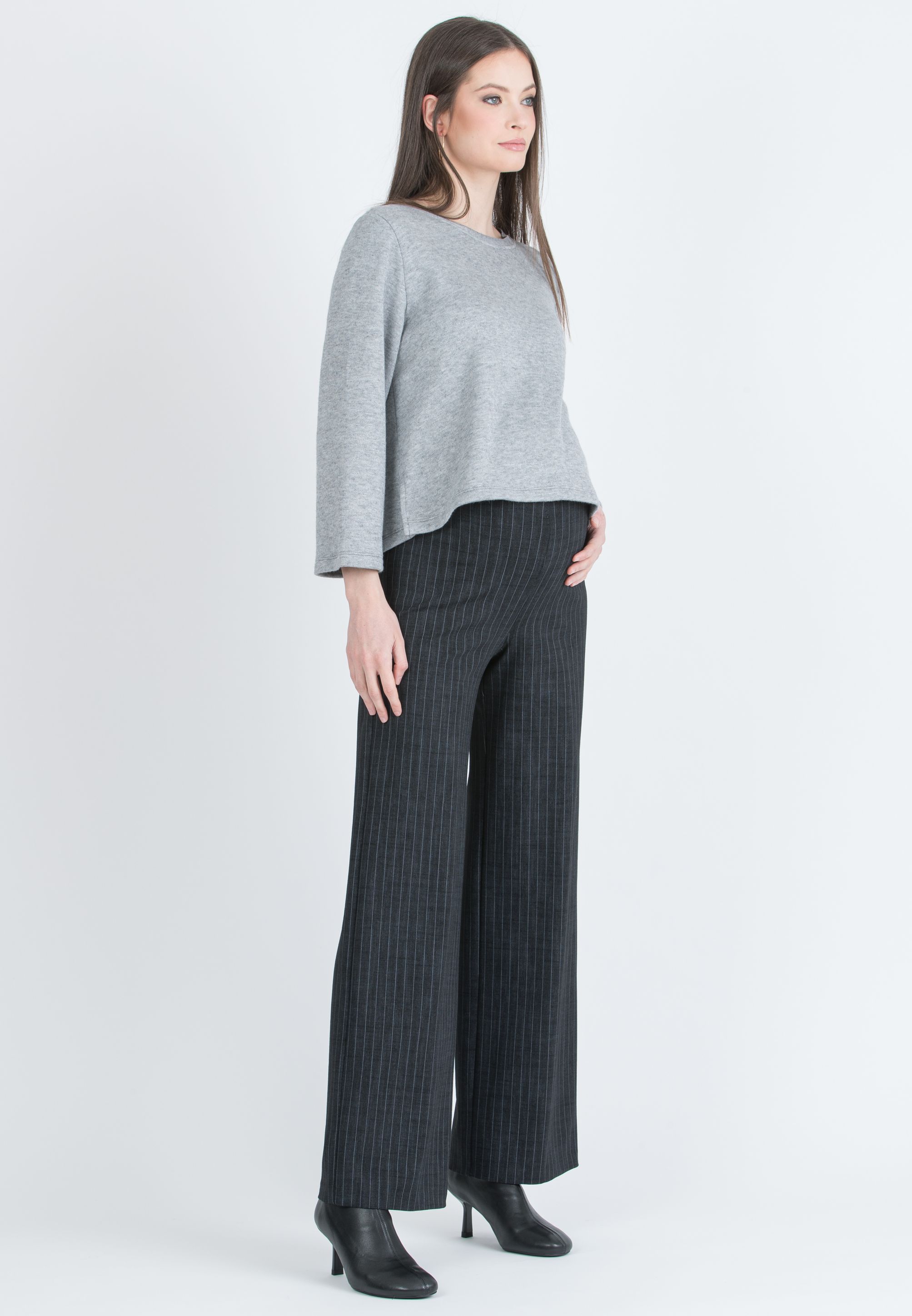 KIMBERLY G - Pantalone Premaman Palazzo in Punto Milano Invernale Gessato (Nero)