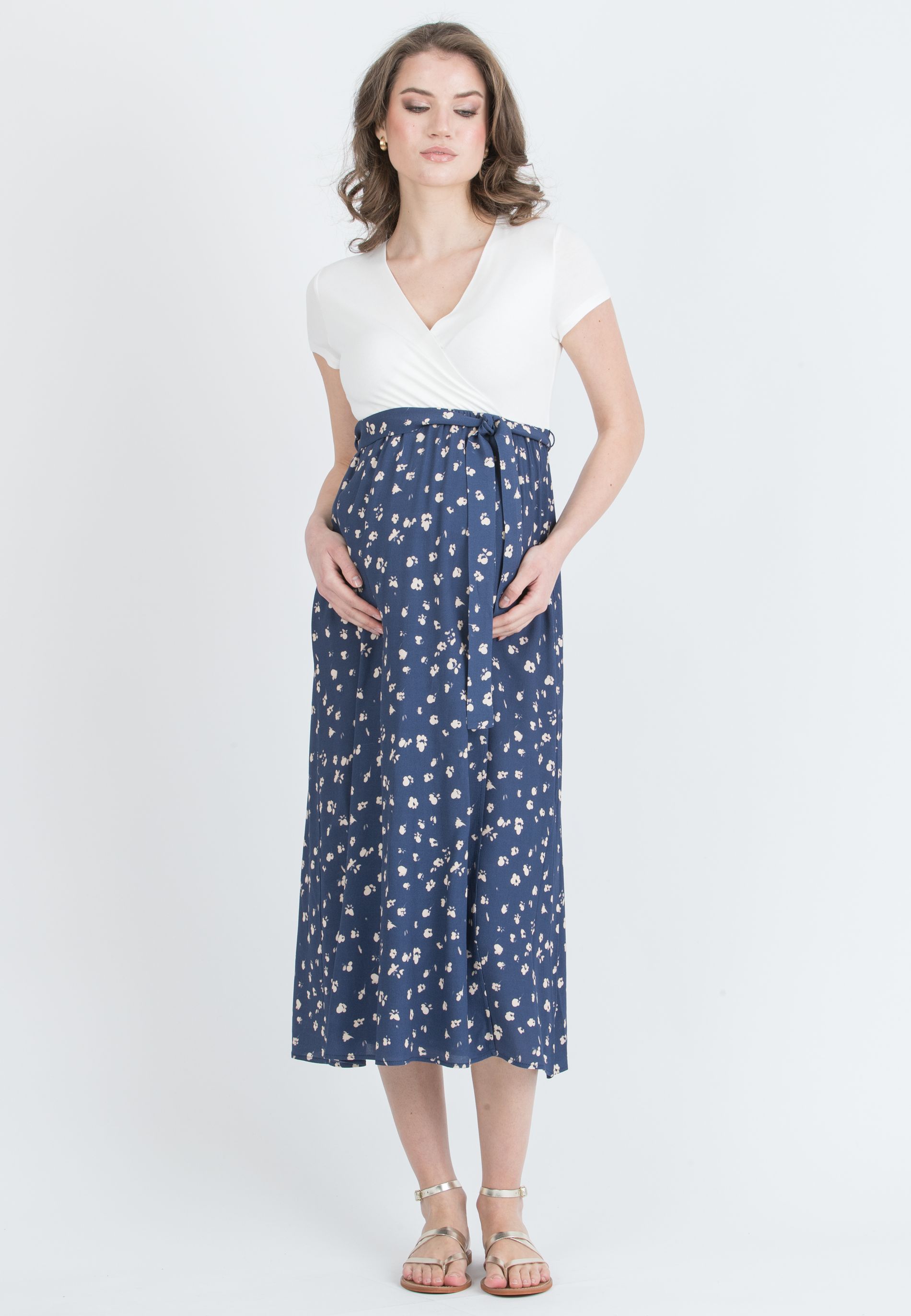 FEDERICA - Abito Midi Premaman con Scollo Incrociato e Gonna a Portafoglio in Viscosa (Blu, XS)