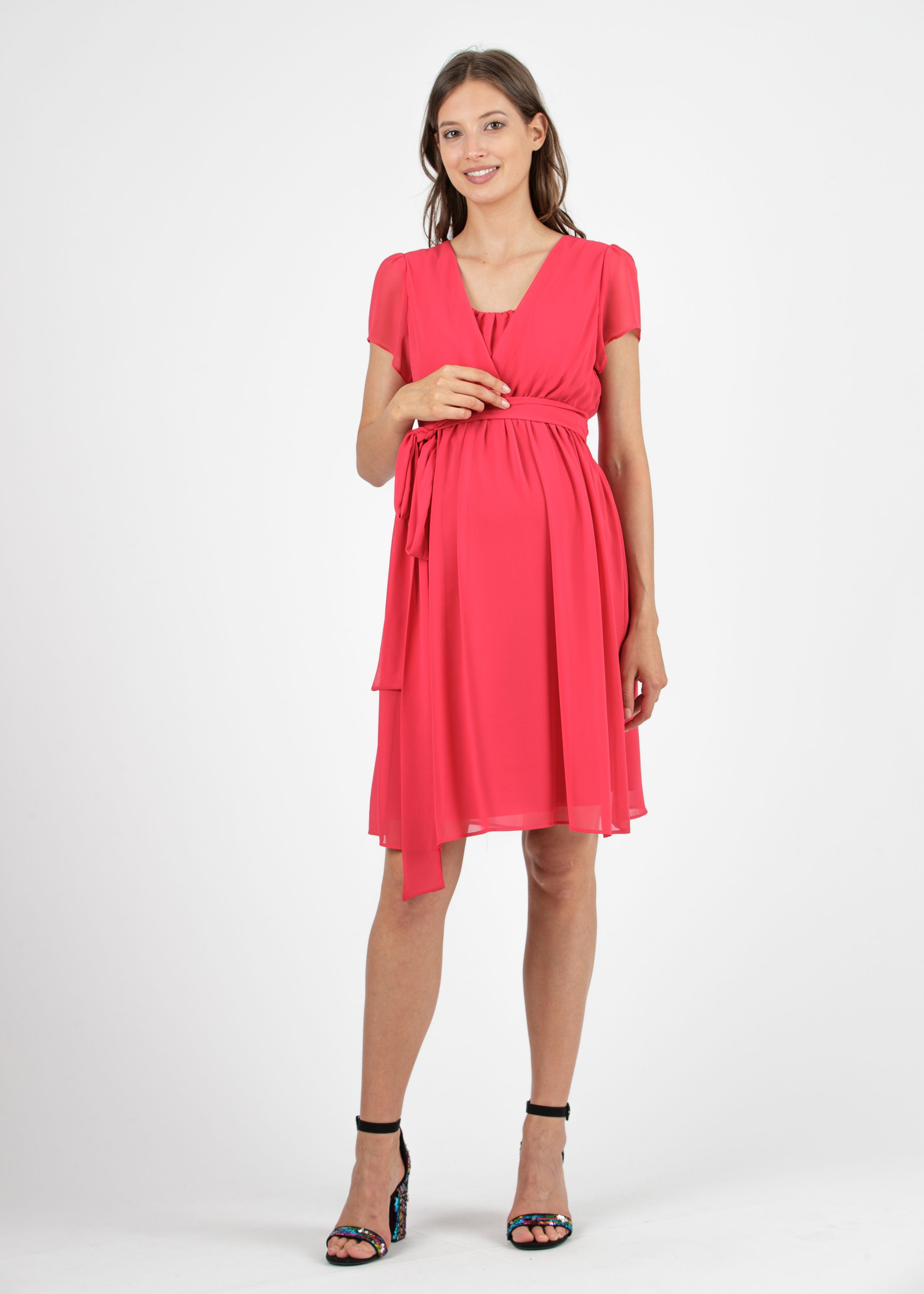 Abito Premaman & Allattamento in Georgette con Scollo Incrociato (Rosso, XS)