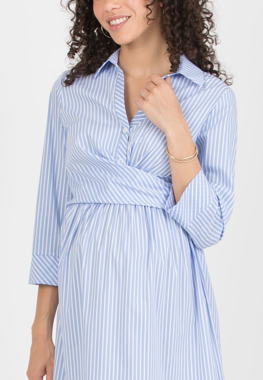 EMANUELA - Abito Premaman & Allattamento in Cotone a Righe con Fascia (Azzurro, XS)