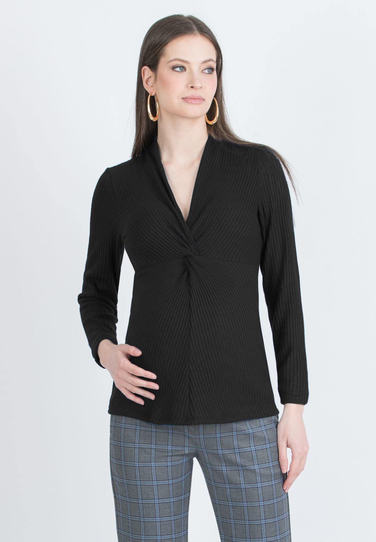 ISSA M – Maglietta Premaman & Allattamento in Maglia a Costina con Nodo (Nero)