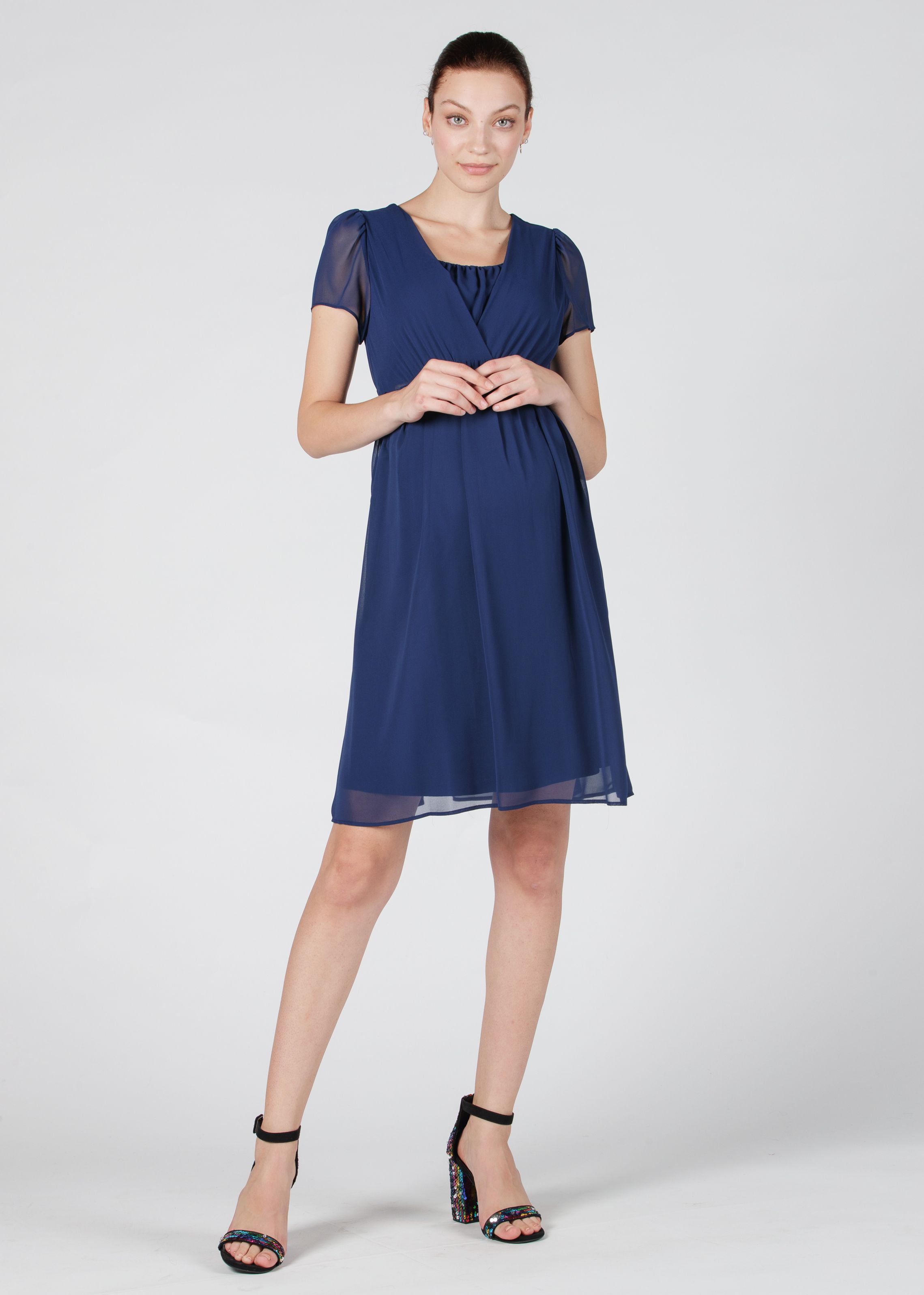 Maternity & Nursing Dress in Georgette with Crossover Neckline (Blue, XS)