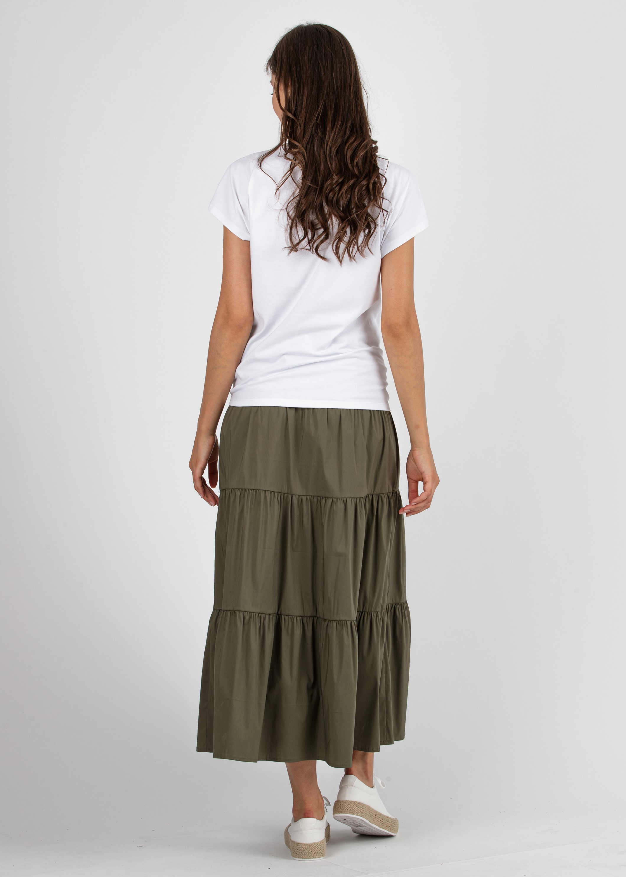 Maternity Skirt in Cotton Poplin with Wide Flounces (Verde Militare)