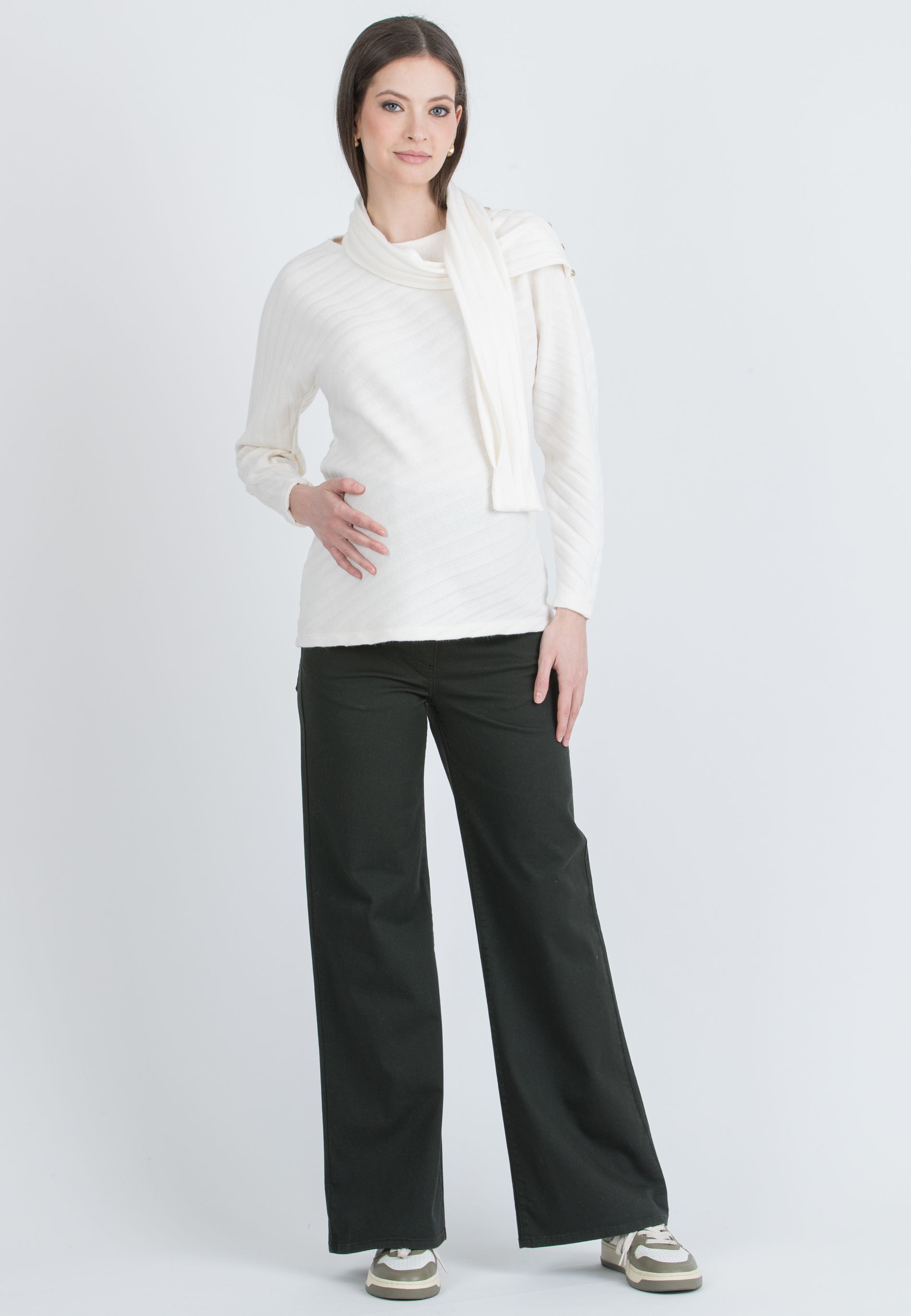 WANDA – Maglione Premaman a Coste Larghe con Sciarpa Removibile (Naturale)