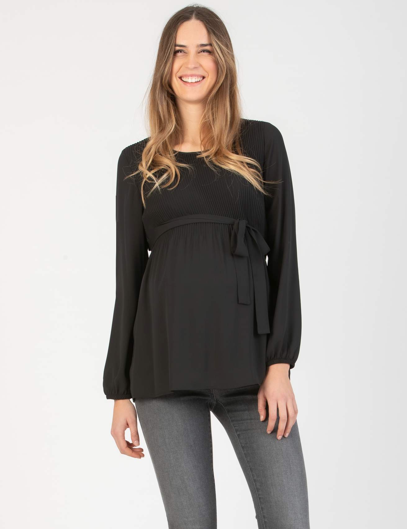 Camicetta Premaman in Georgette con Corpino in Kristal Plissé (Nero, XS)