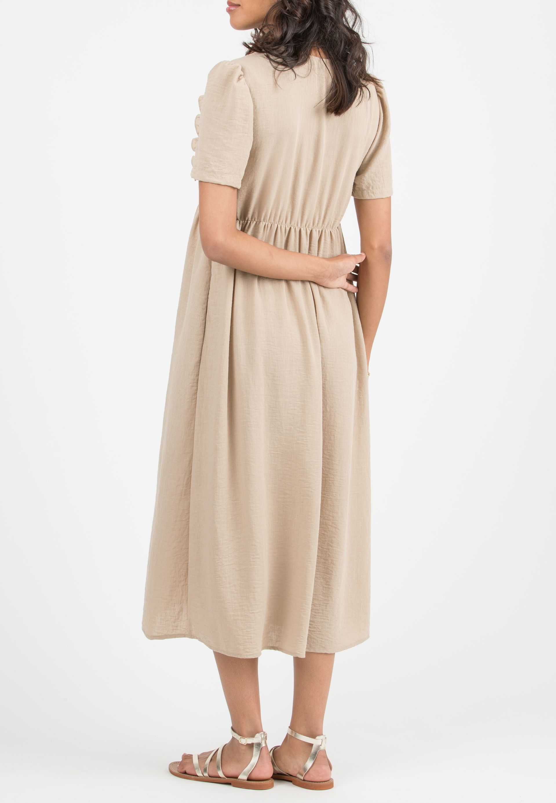 MERYL - Maternity & Nursing Dress with Ruffle Sleeves (Beige, XS)