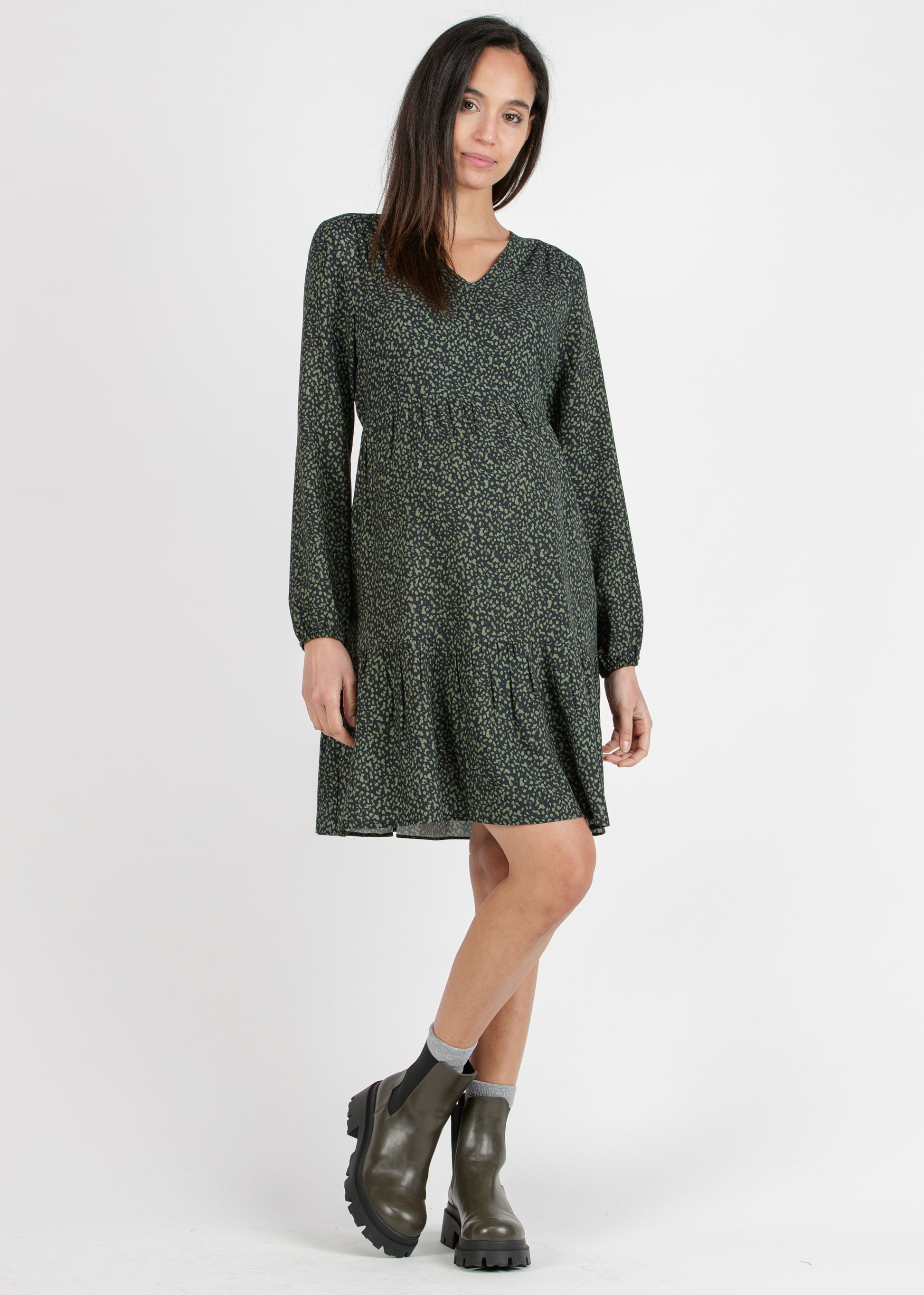 KATRIN - Abito Premaman a Balze in Viscosa Stampata (Verde Militare, S)