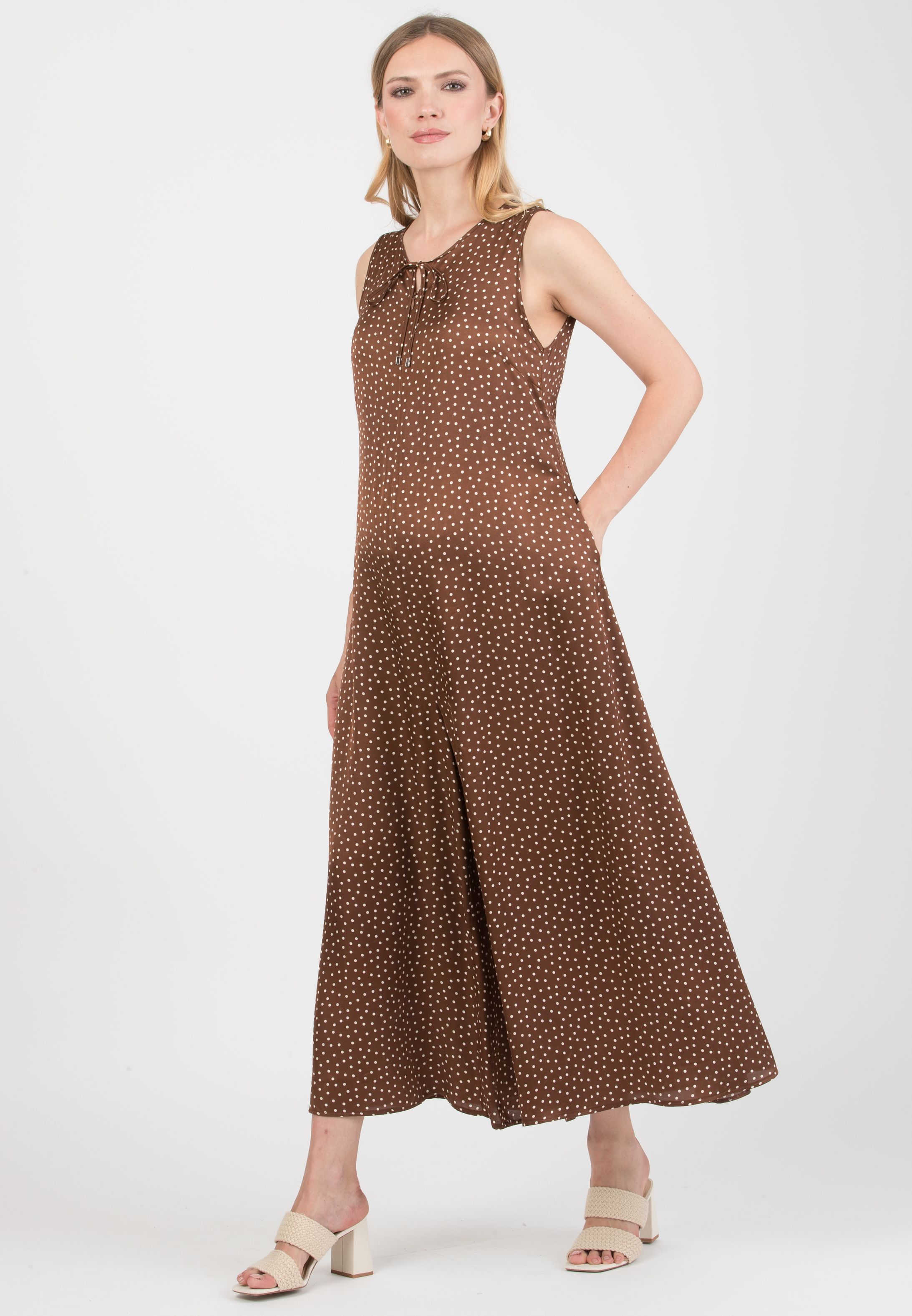 MIRANDA P - Maternity Polka-Dot Viscose Jumpsuit with V-Neck and Front Zip (Marrone)