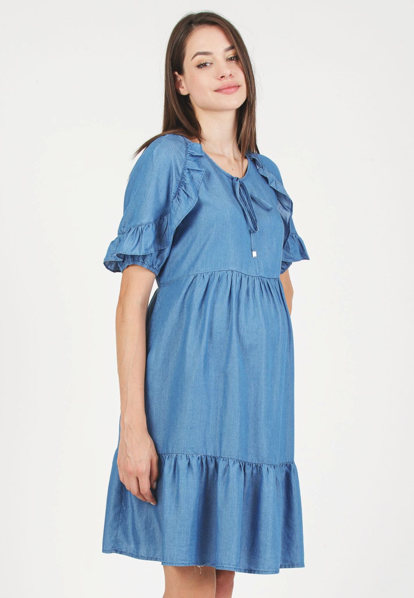 TINA J - Abito Premaman in Tencel con Volant (Denim, XS)