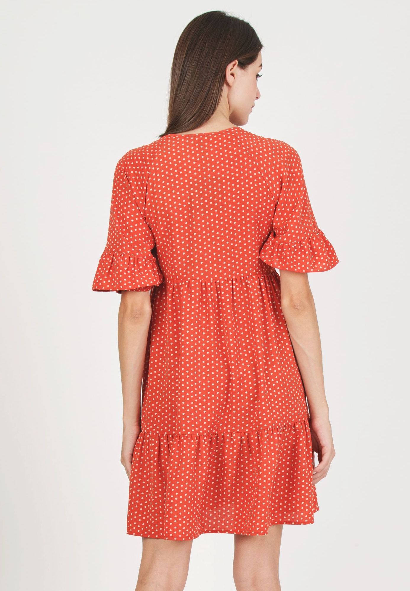 TINA - Abito Premaman & Allattamento con Volant sulle Maniche e Gonna a Balze (Rosso Mattone, XS)