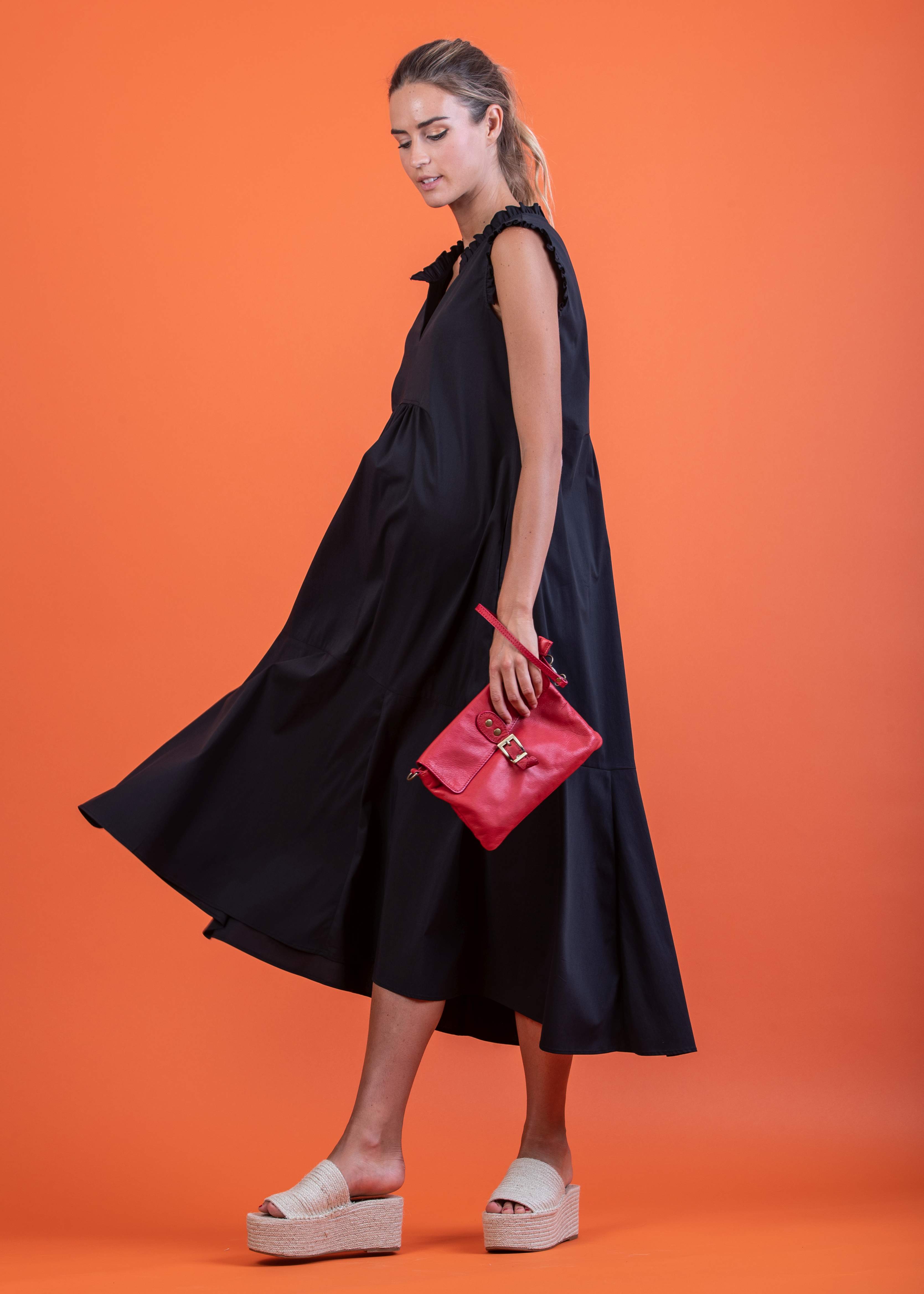 SOFIA MIDI - Abito Midi Premaman in Popeline di Cotone con Rouches (Nero, XS)