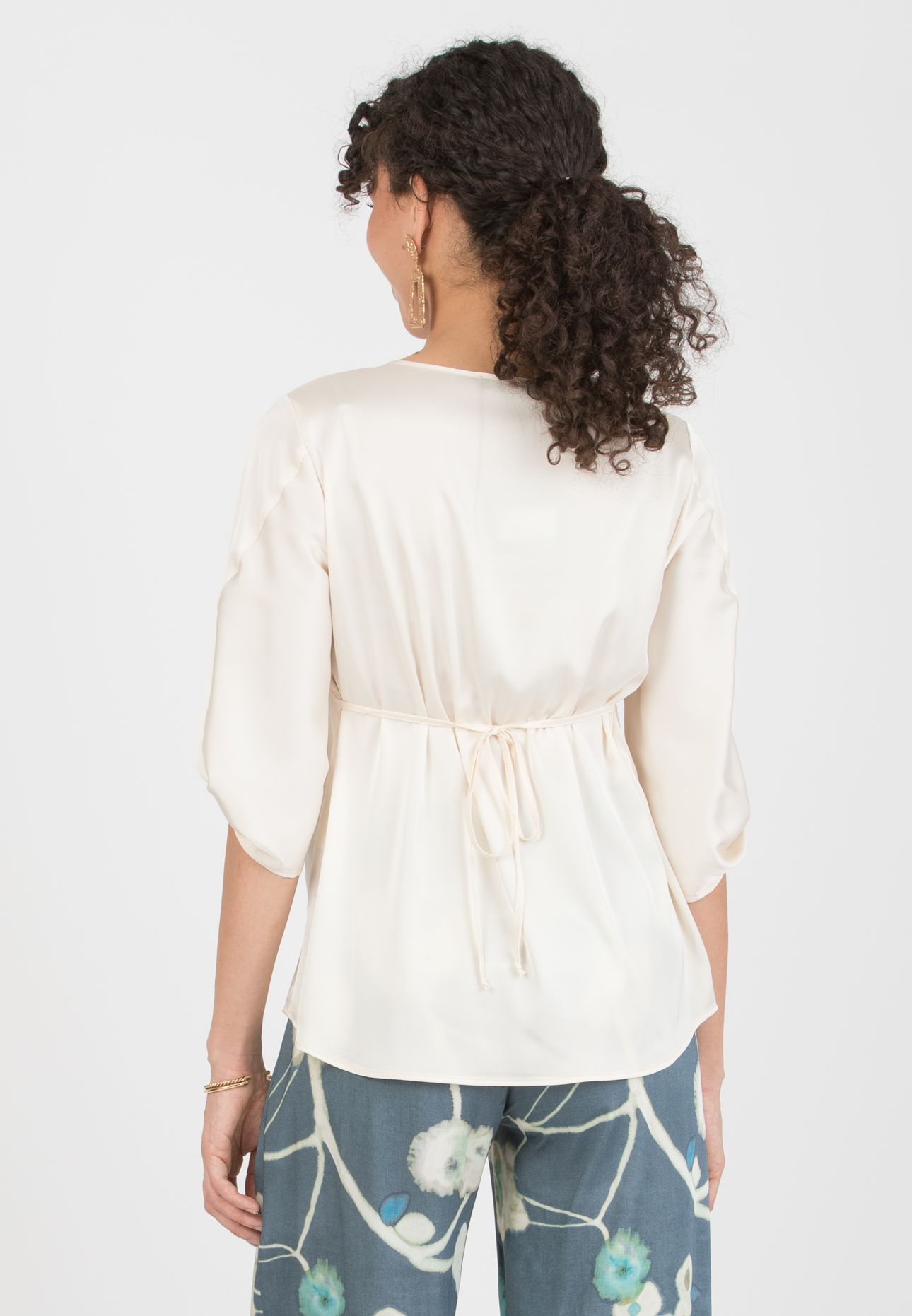 SYDNEY - Maternity Satin Blouse with Knot on Sleeve Bottom (Naturale)
