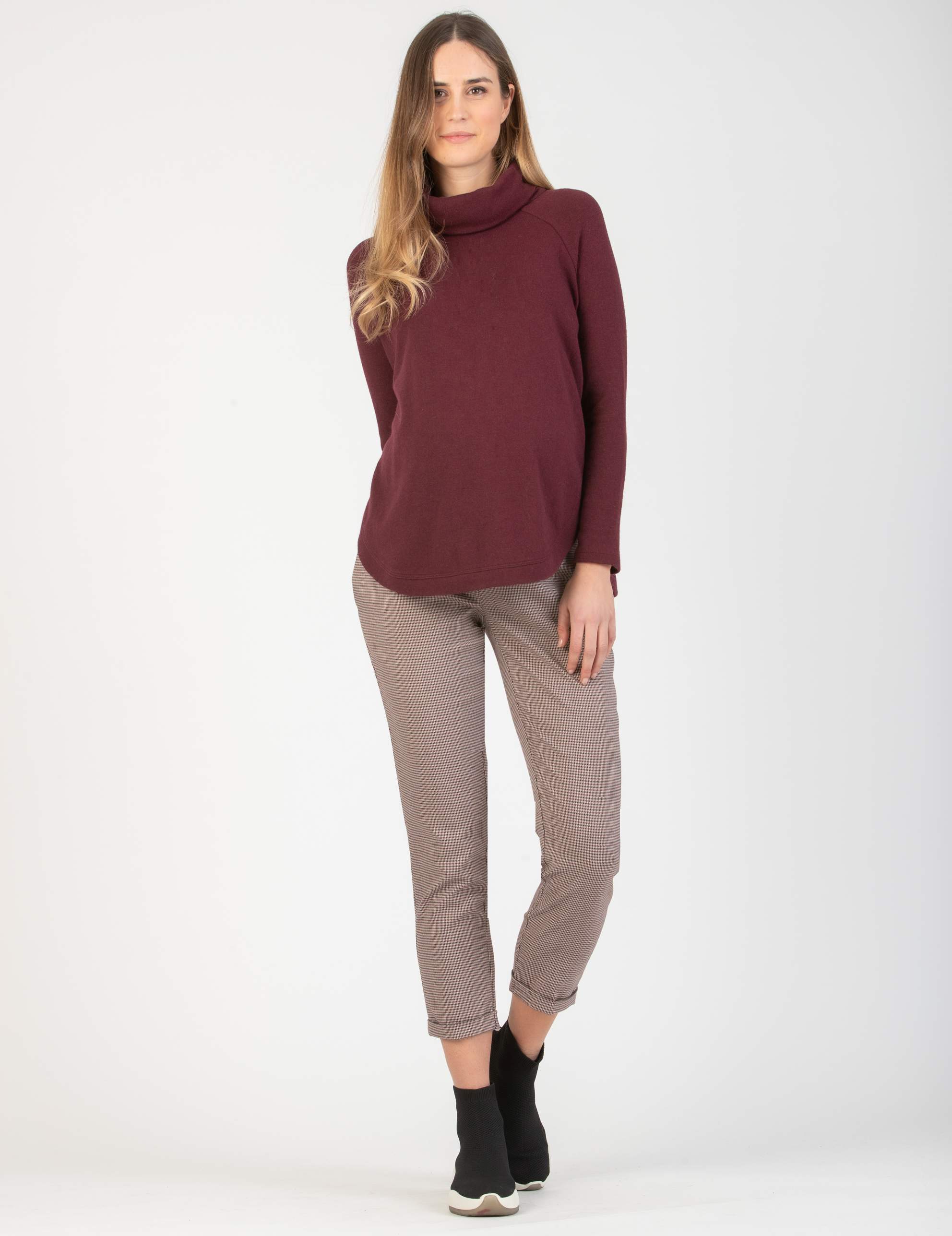 Pantalone Premaman Relax Fit In Jacquard con Stampa Pied de Poule (Bordeaux, XS)