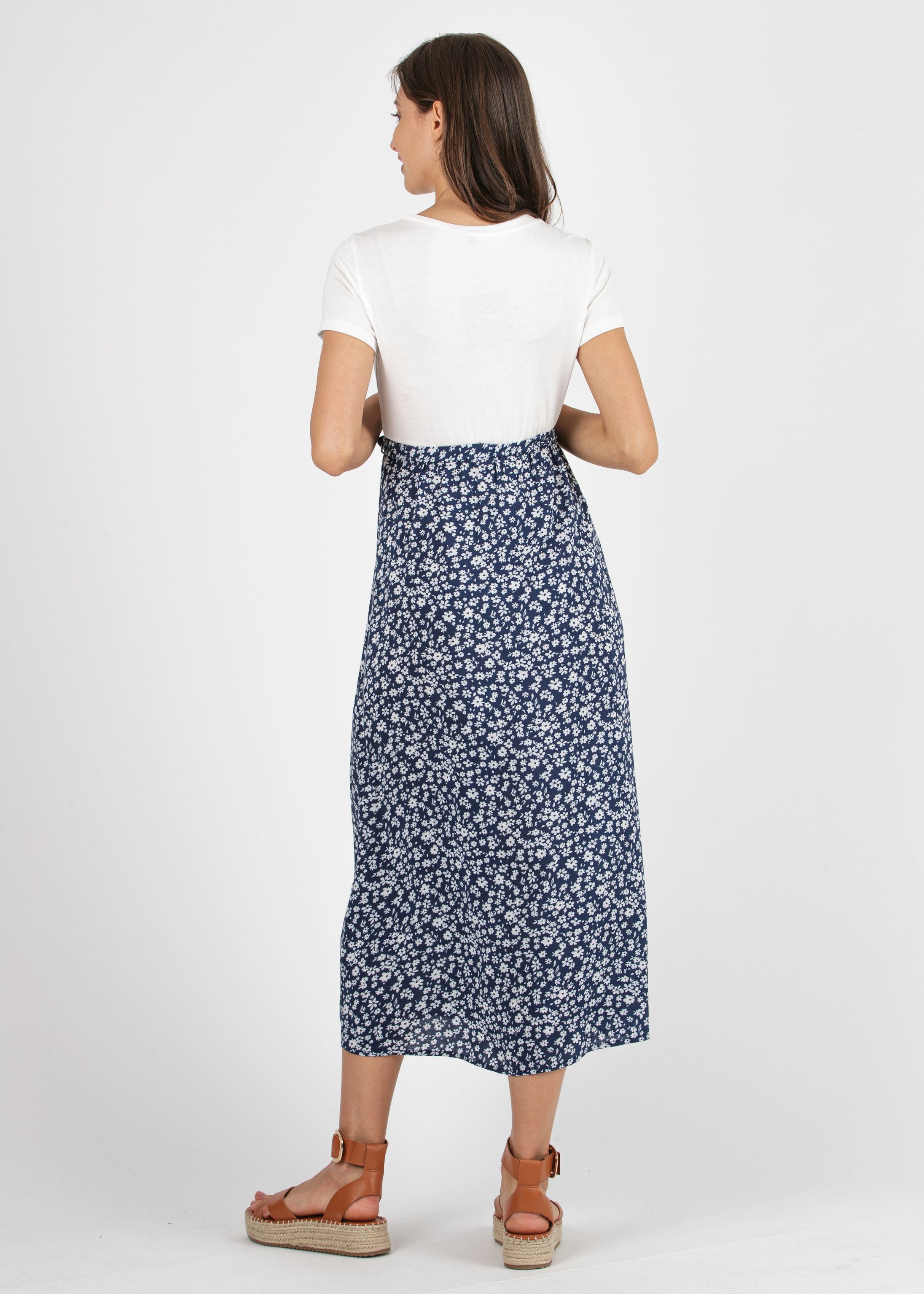 Midi Maternity Dress with Floral Printed Wraparound Skirt (Blue, XS)
