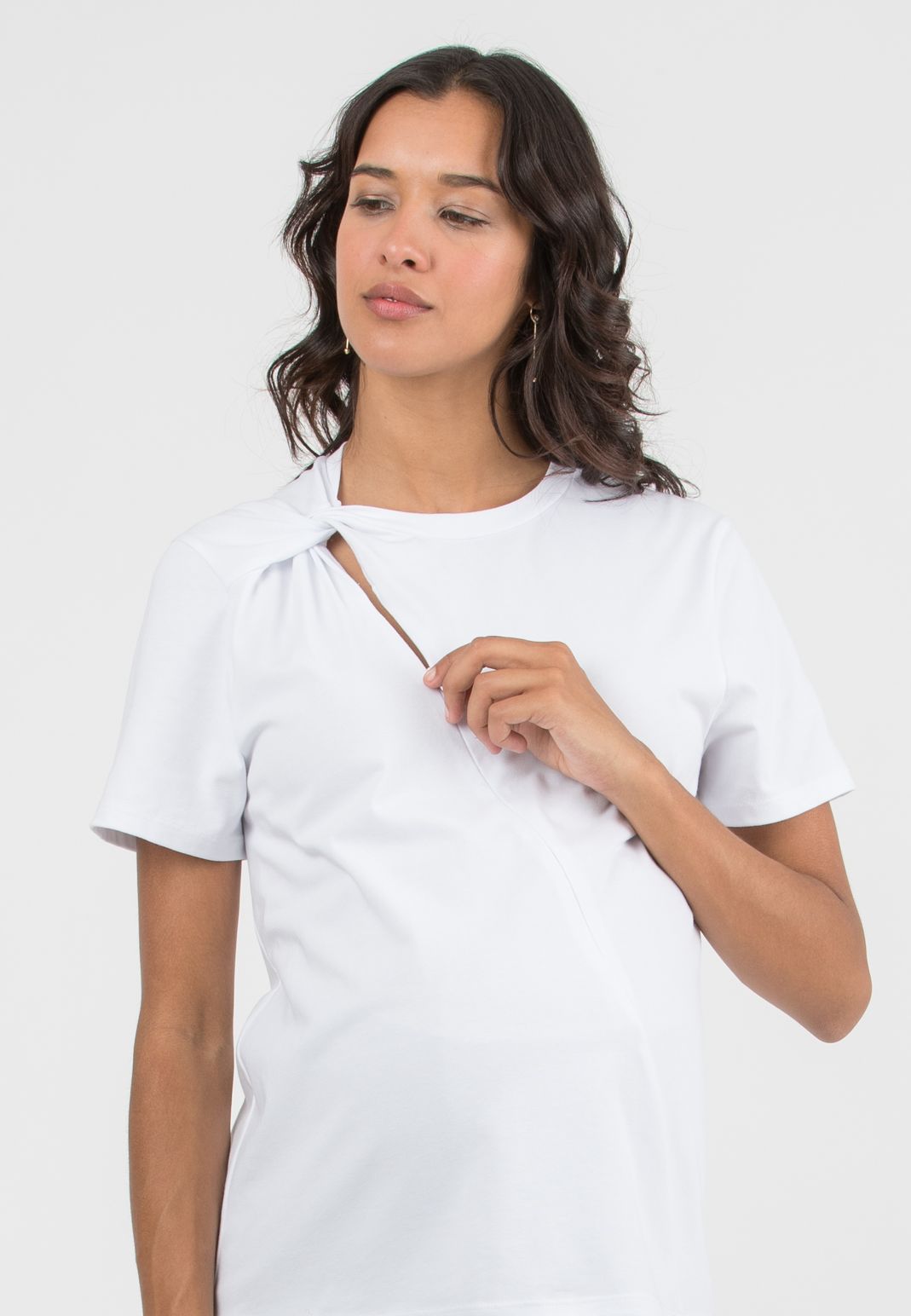 LINDSAY - Maternity Cotton Jersey T-Shirt with Side Knot and Nursing Zip (Bianco  Ottico)