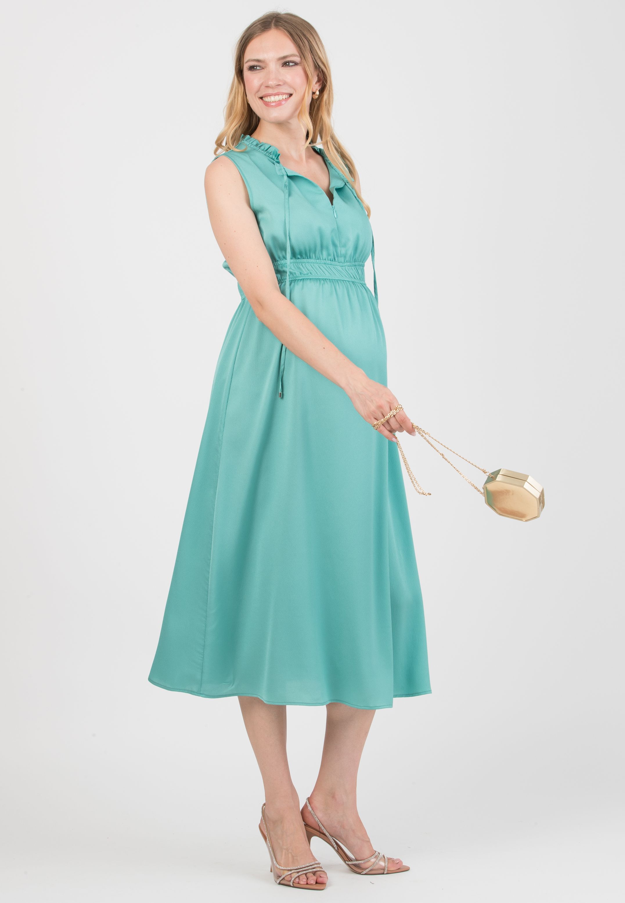 ALESSANDRA - Abito Premaman & Allattamento con Elastici in Vita e Collo con Ruches (Acqua, XS)