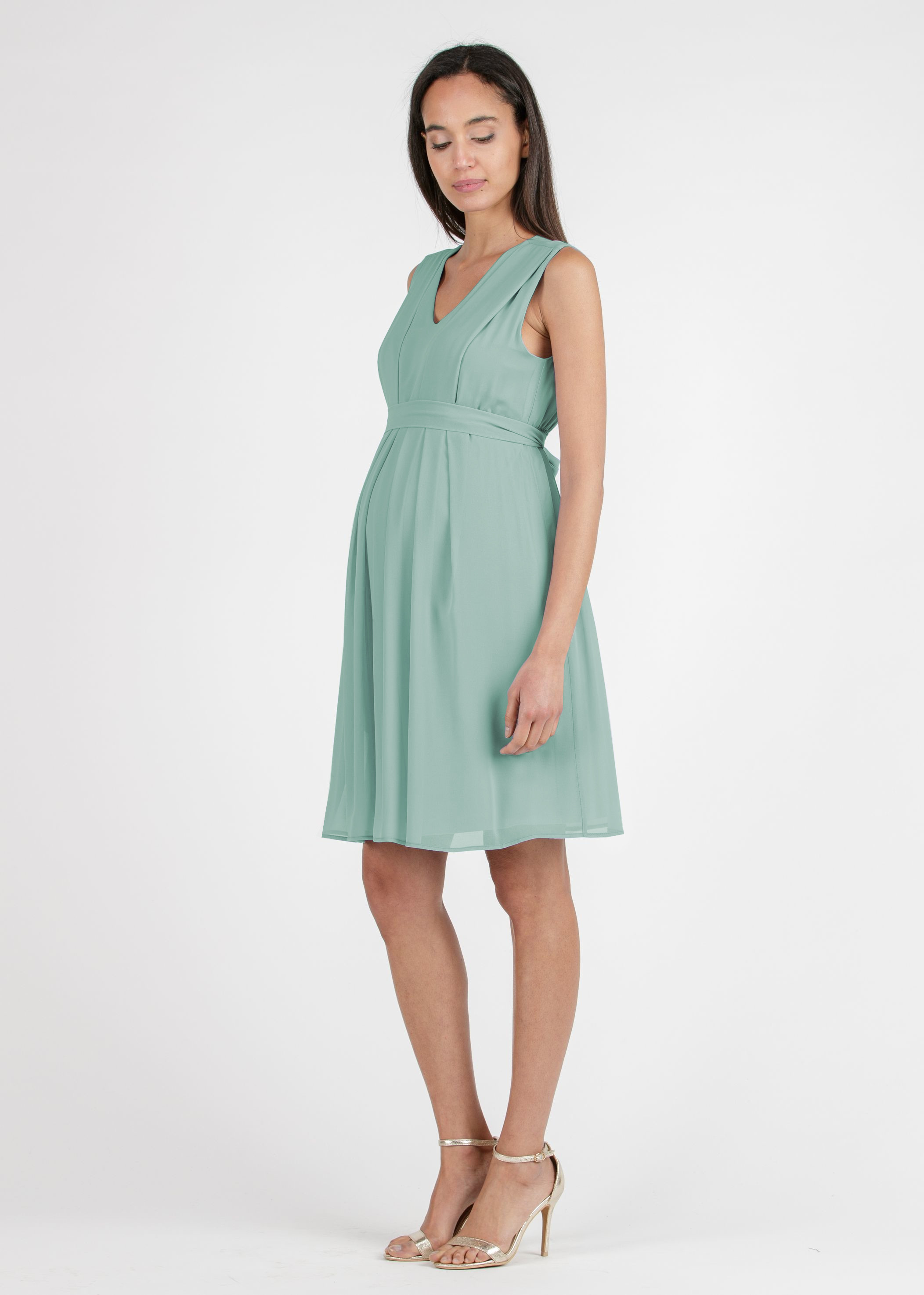 SABRINA - Maternity & Nursing Dress in Chiffon with Pleated Bodice (Light Green, XS)