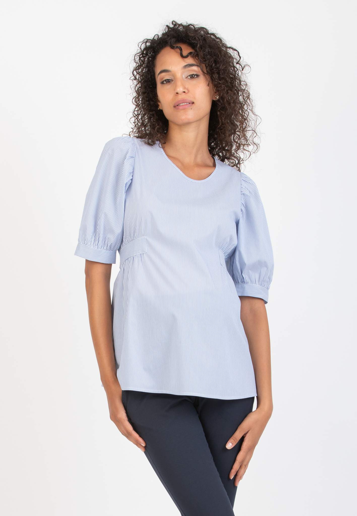 Camicetta Premaman in Popeline di Cotone con Maniche a Palloncino (Azzurro, XS)