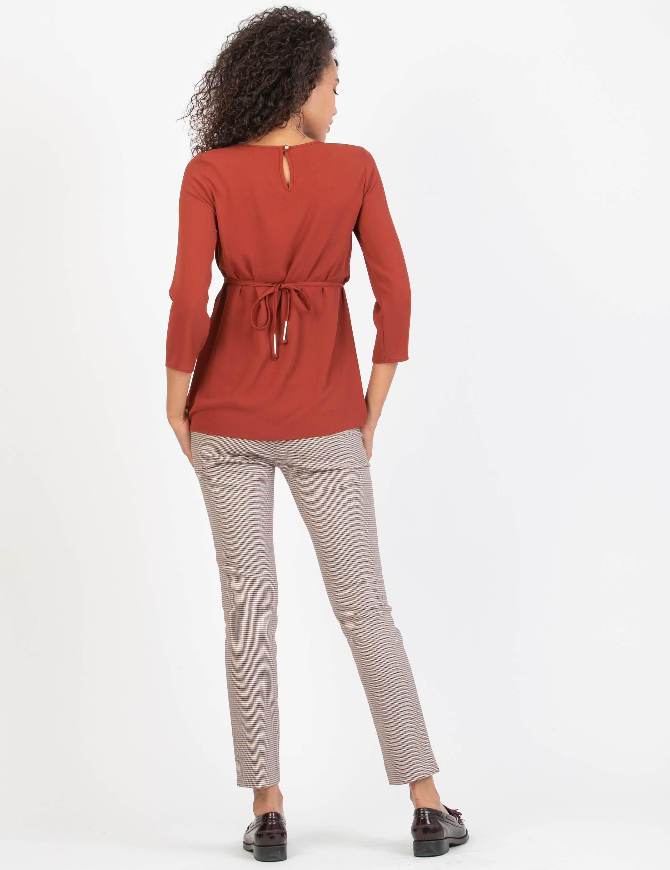 Pantalone Premaman Slim in Jacquard a Quadri con Stampa Pied de Poule (Cammello, XS)