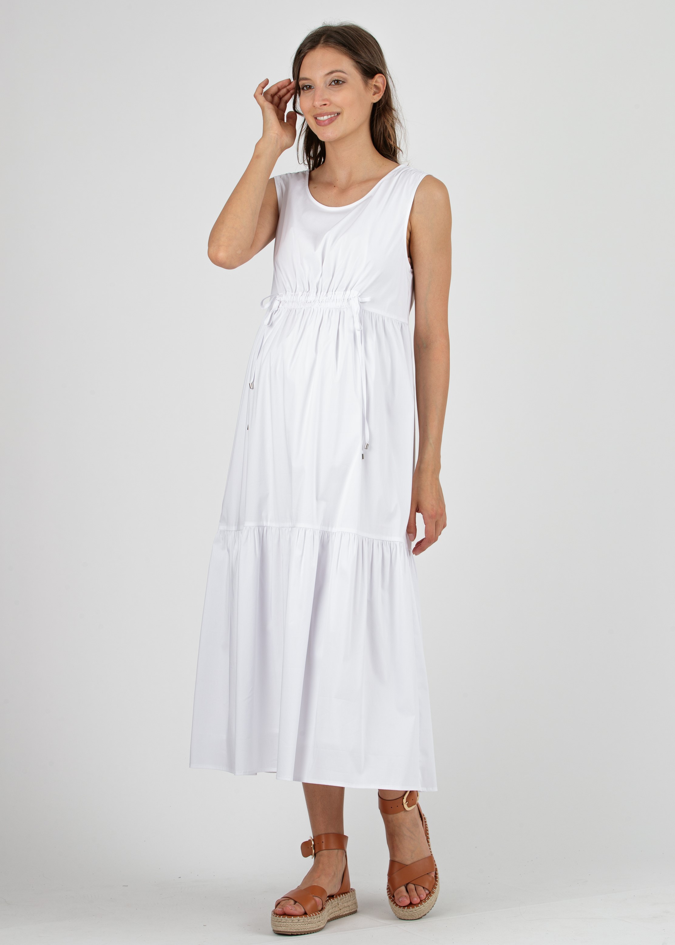 Midi Maternity Dress with Flounces and Front Drawstring (Ivory, XS)