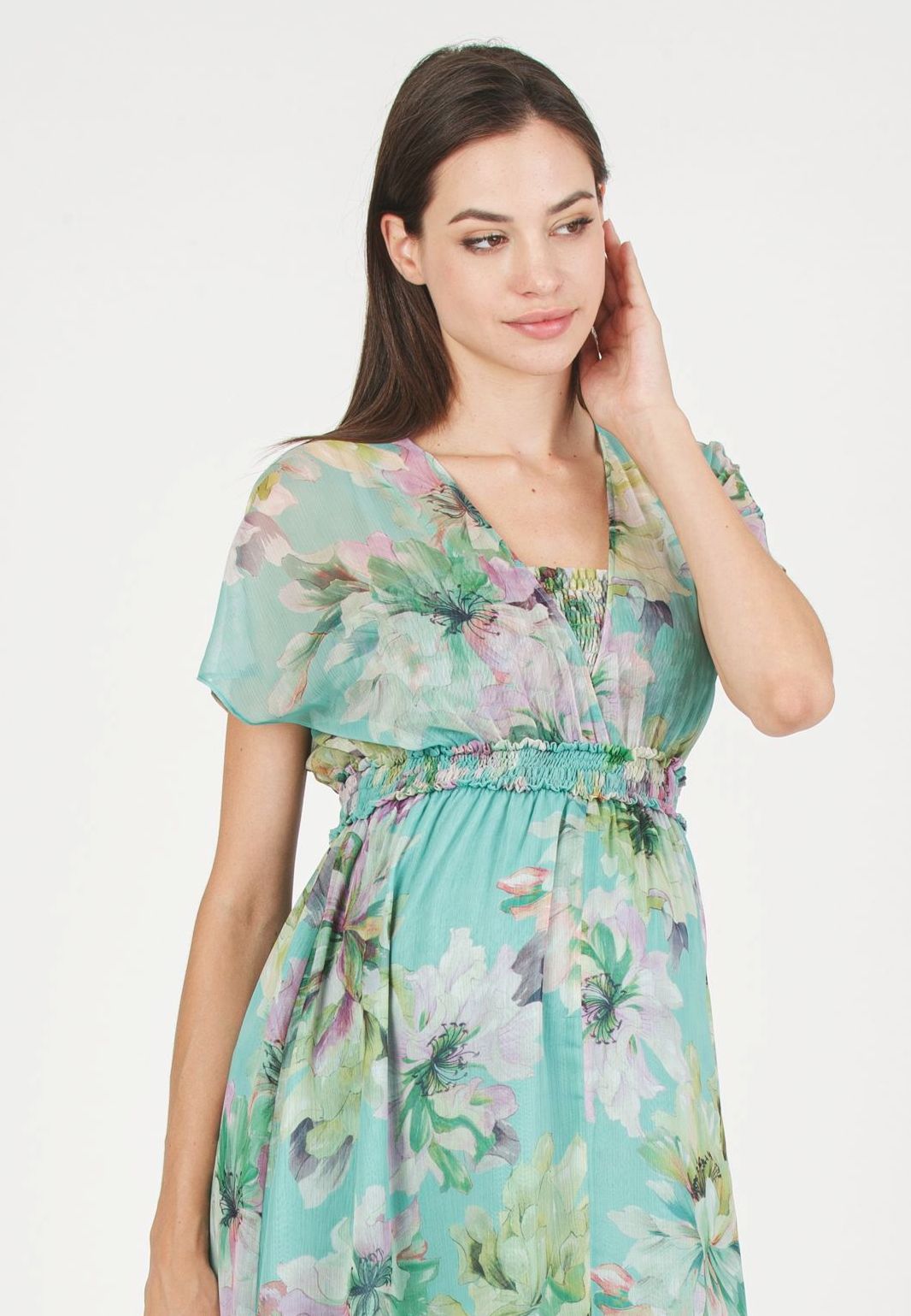 HOLLY - Maternity & Nursing Dress with Crossed Neckline and Asymmetric Hem (Aqua, XS)