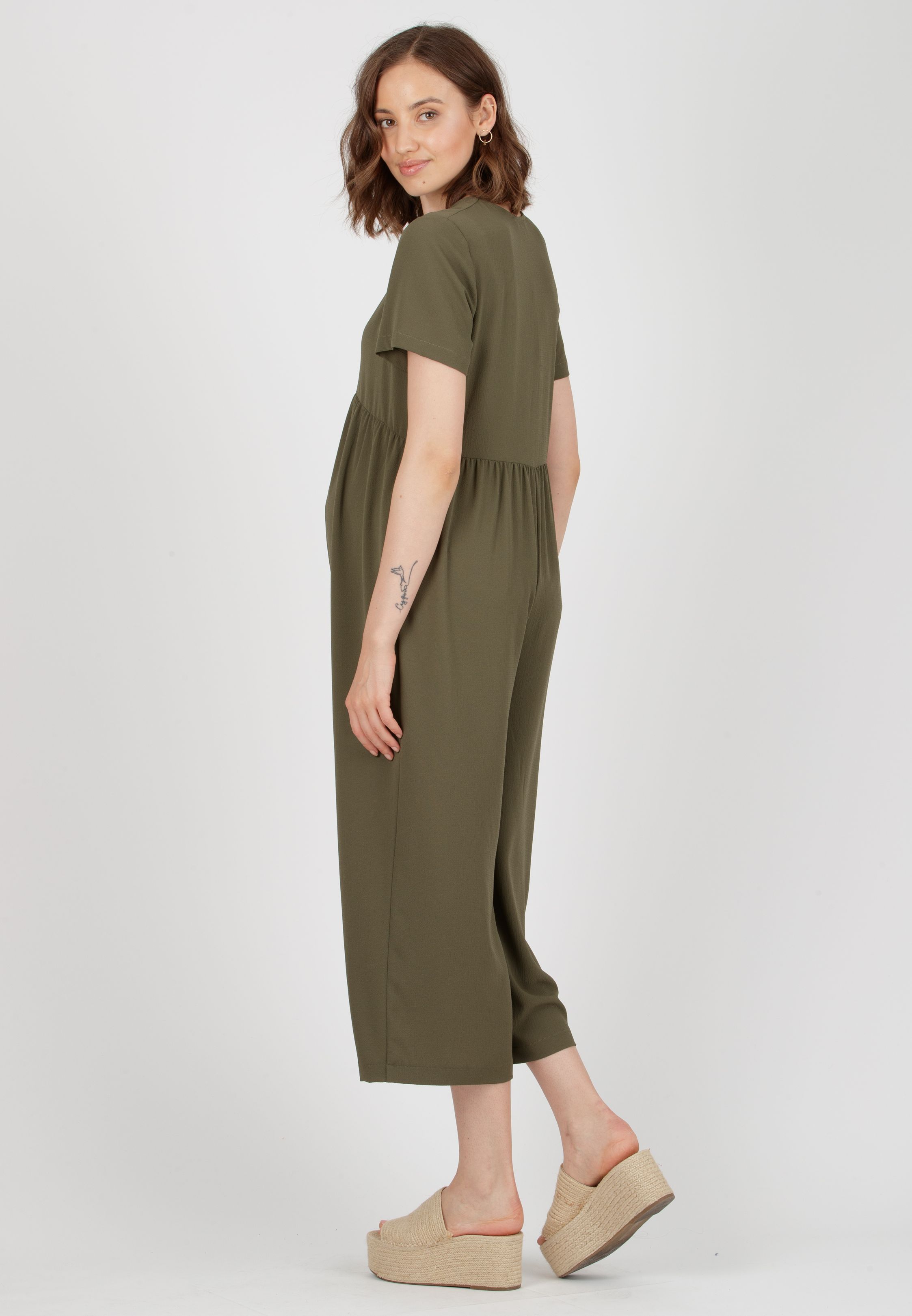 VIVIENNE - Tuta Premaman in Crepe con Bottoni Frontali (Verde Kaki, XS)