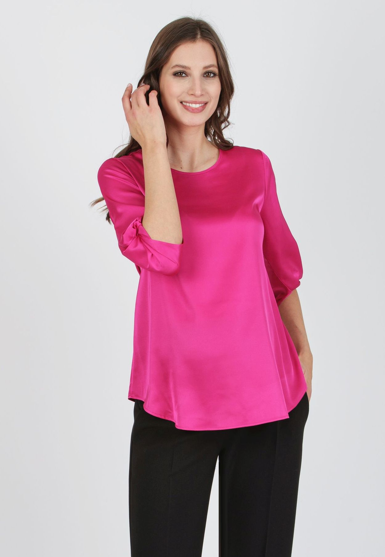SYDNEY - Blusa Premaman in Raso con Nodo sul Fondo della Manica (Fuxia, XS)