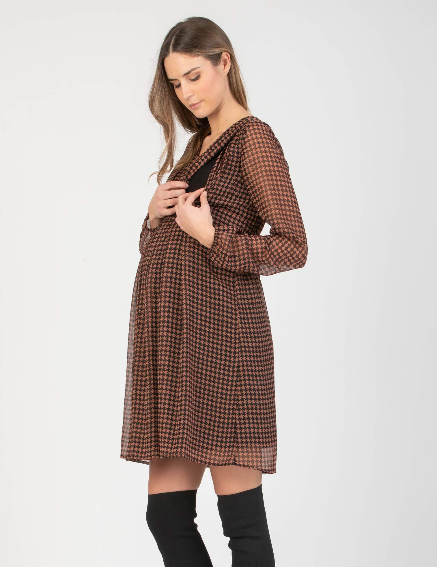 Abito Premaman & Allattamento in Chiffon con Stampa Pied de Poule (Rosa, XS)
