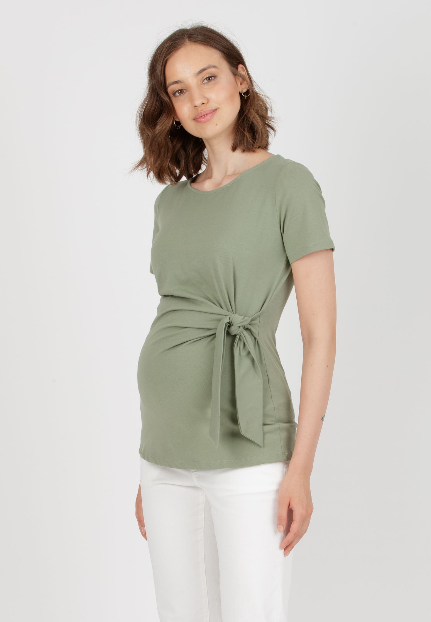 KAREN M - T-Shirt Premaman in Jersey di Cotone con Nodo Laterale (Verde Militare, XS)