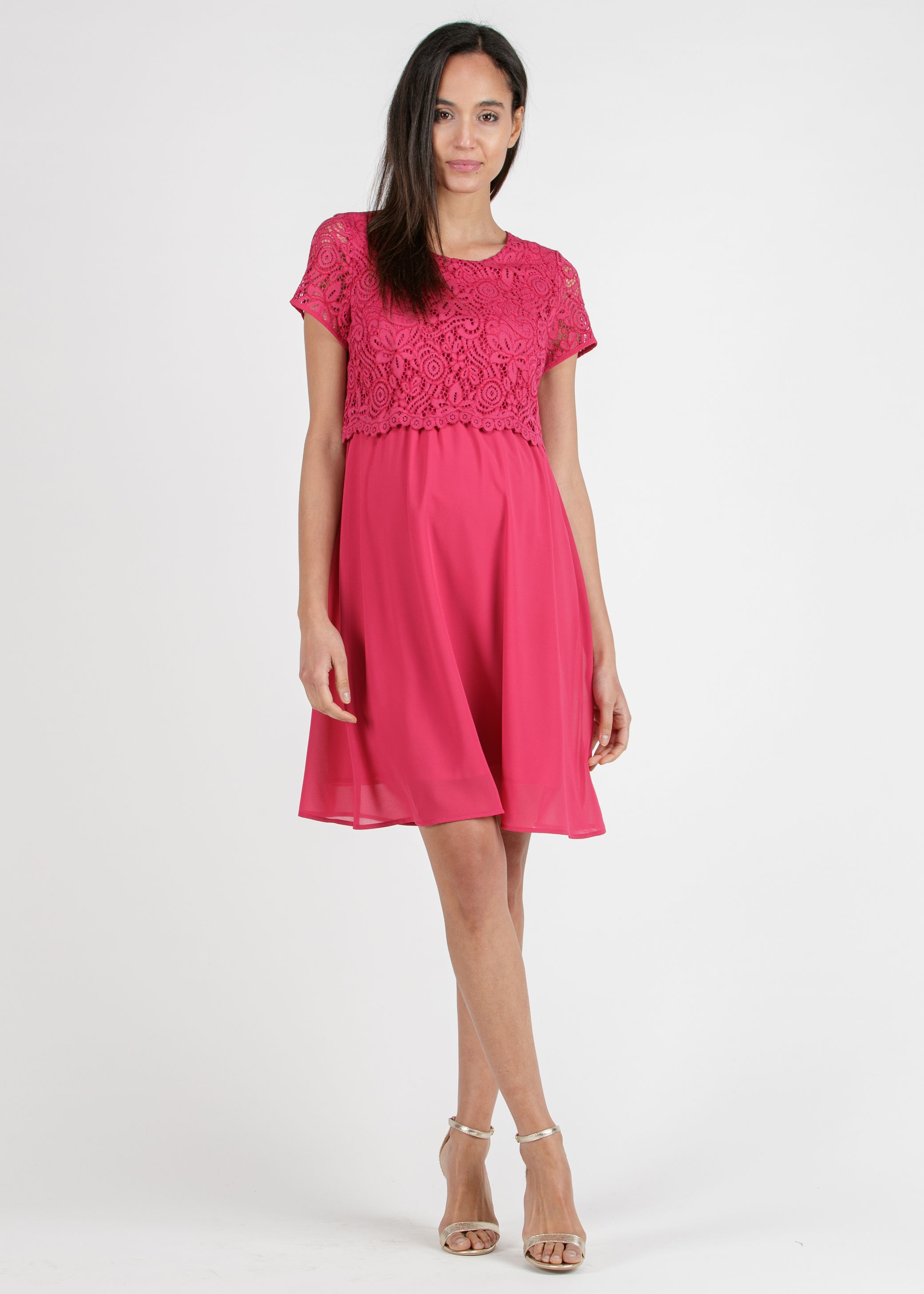 AURORA - Embroidered Maternity & Nursing Dress in Lace (Fuchsia, XS)