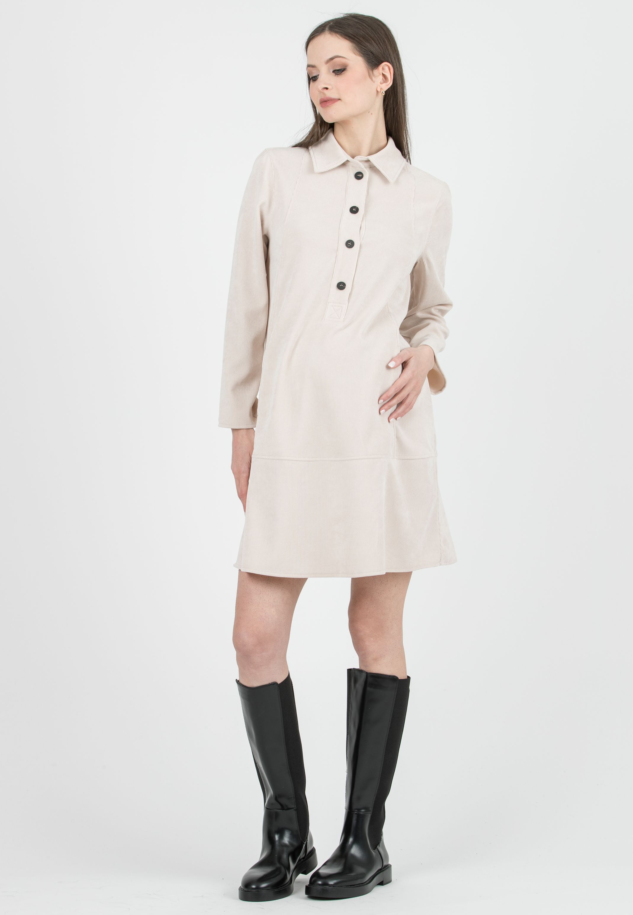GRETA – Abito Camicia Premaman & Allattamento in Velluto (Naturale)