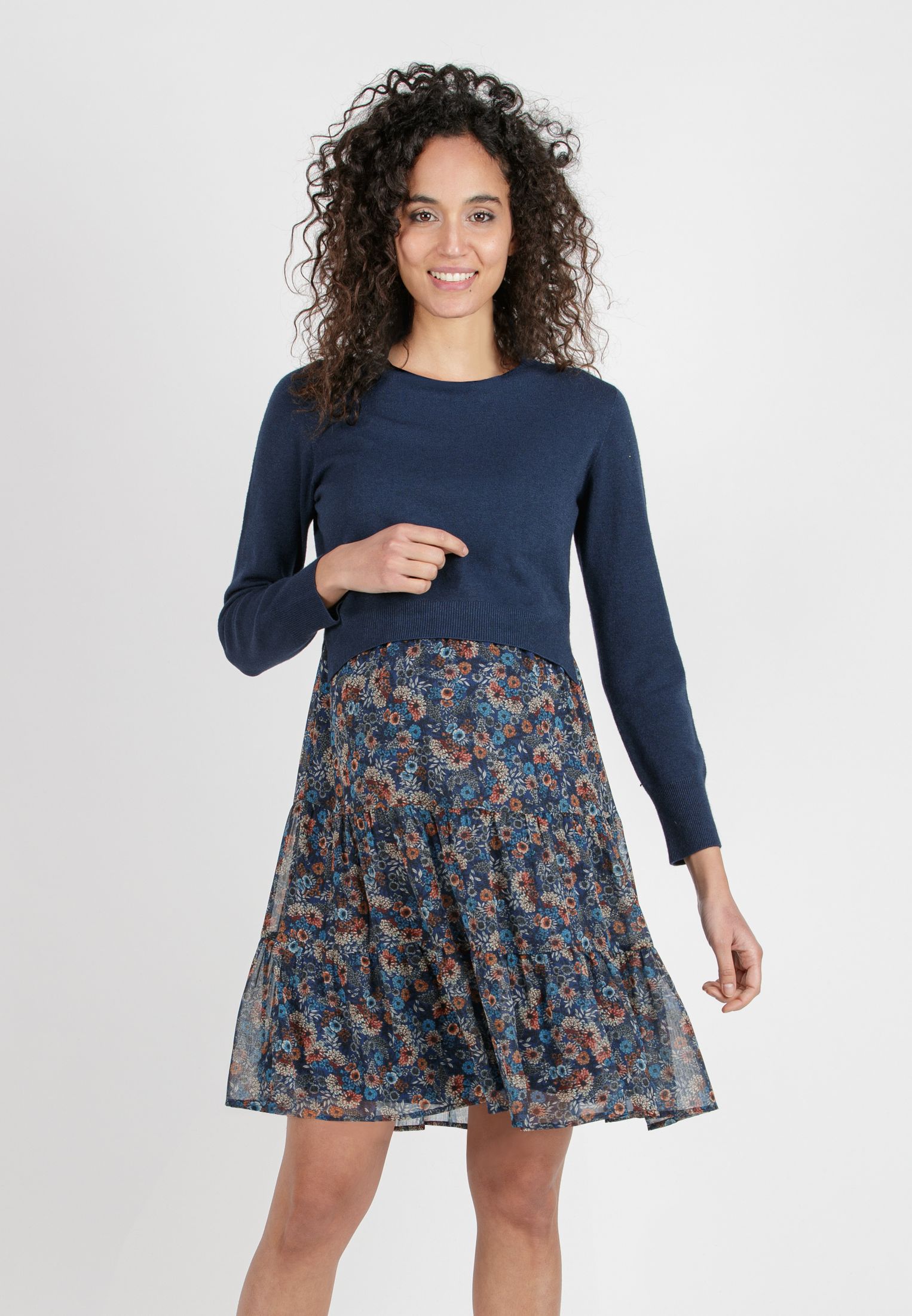KELLY B - Floral Printed Maternity & Nursing Dress with Coordinated Boat Neck Sweater (Blu)