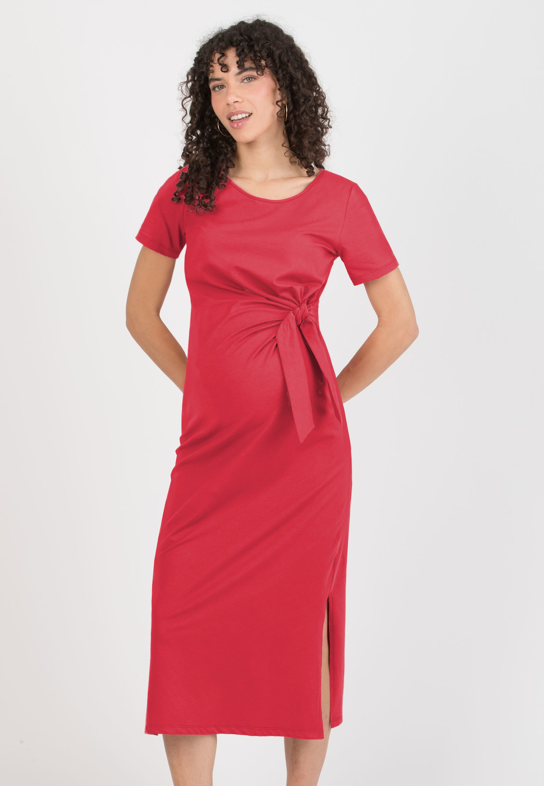 KAREN - Maternity Cotton Dress with Side Knot (Red, XS)
