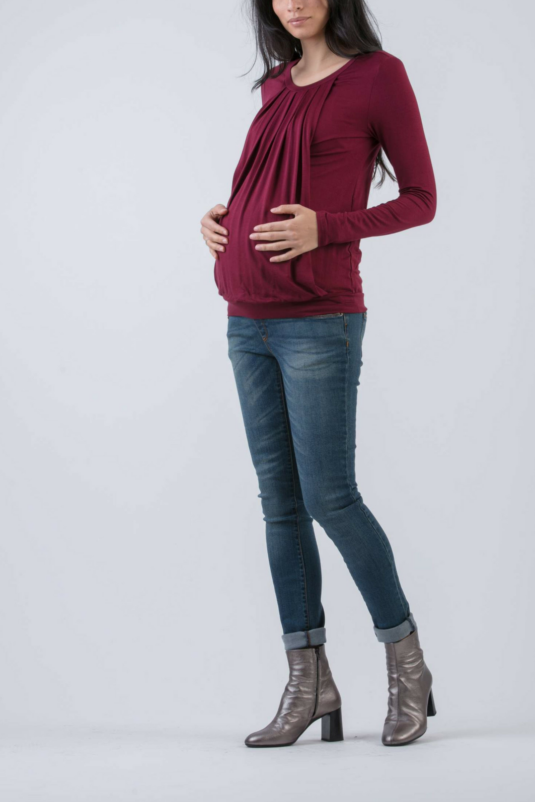 Long Sleeve Maternity & Nursing Top with Front Drapery (Plum, XS)